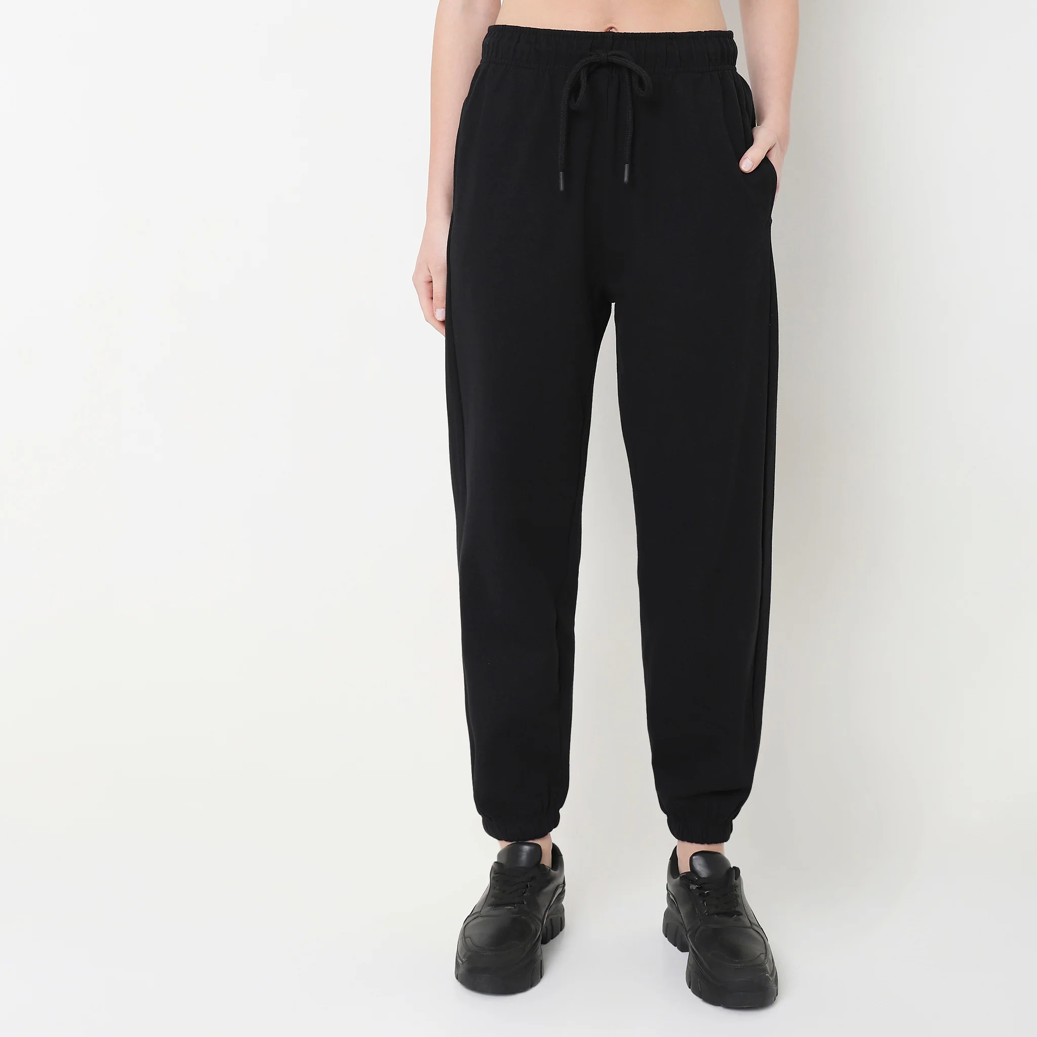 Regular Fit Solid High Rise Joggers - Image 2