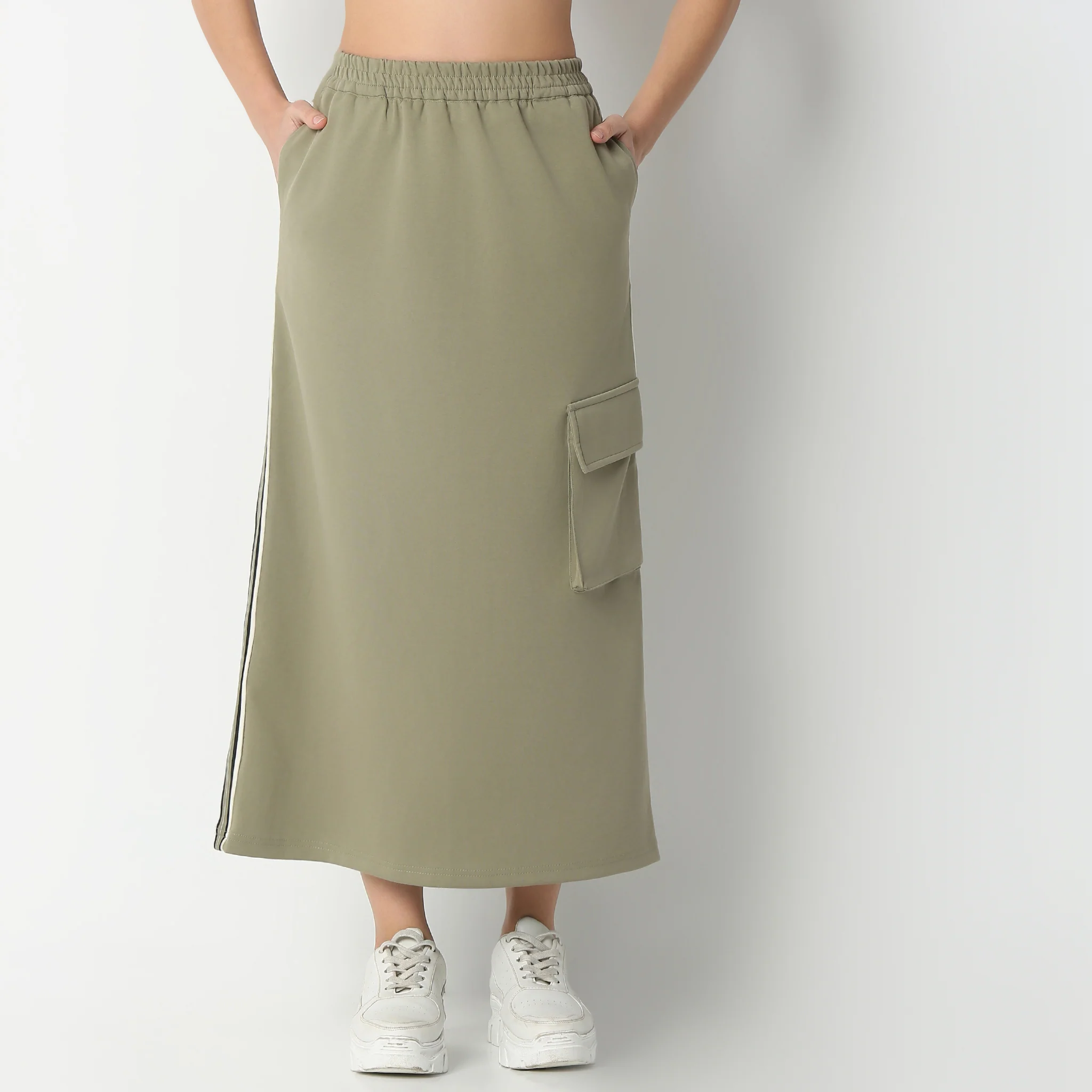Solid High Rise Calf Length With Patch Pocket Detail Skirt - Image 2