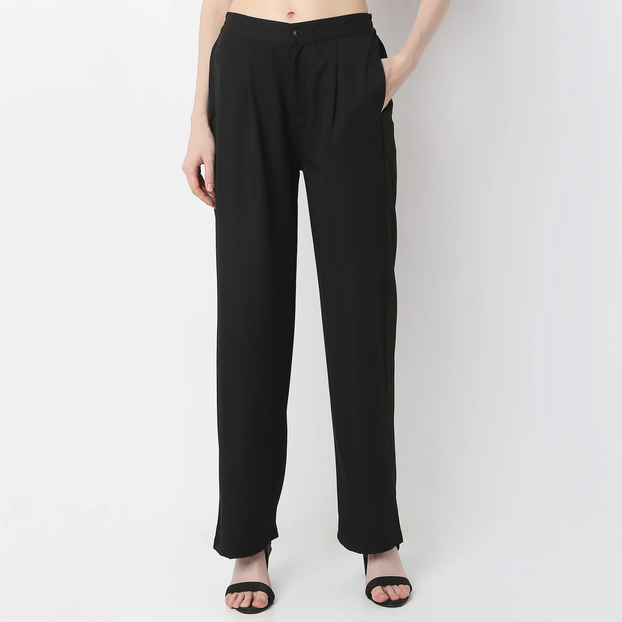 Solid Straight High Rise Trousers - Image 2