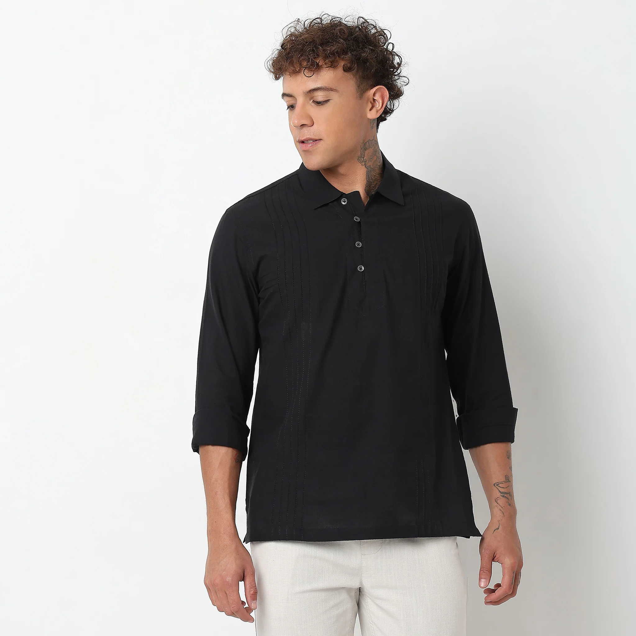Woven Spells™ Linen Flex Blend - Pintuck - Short Kurta - Regular Fit Solid - Image 2