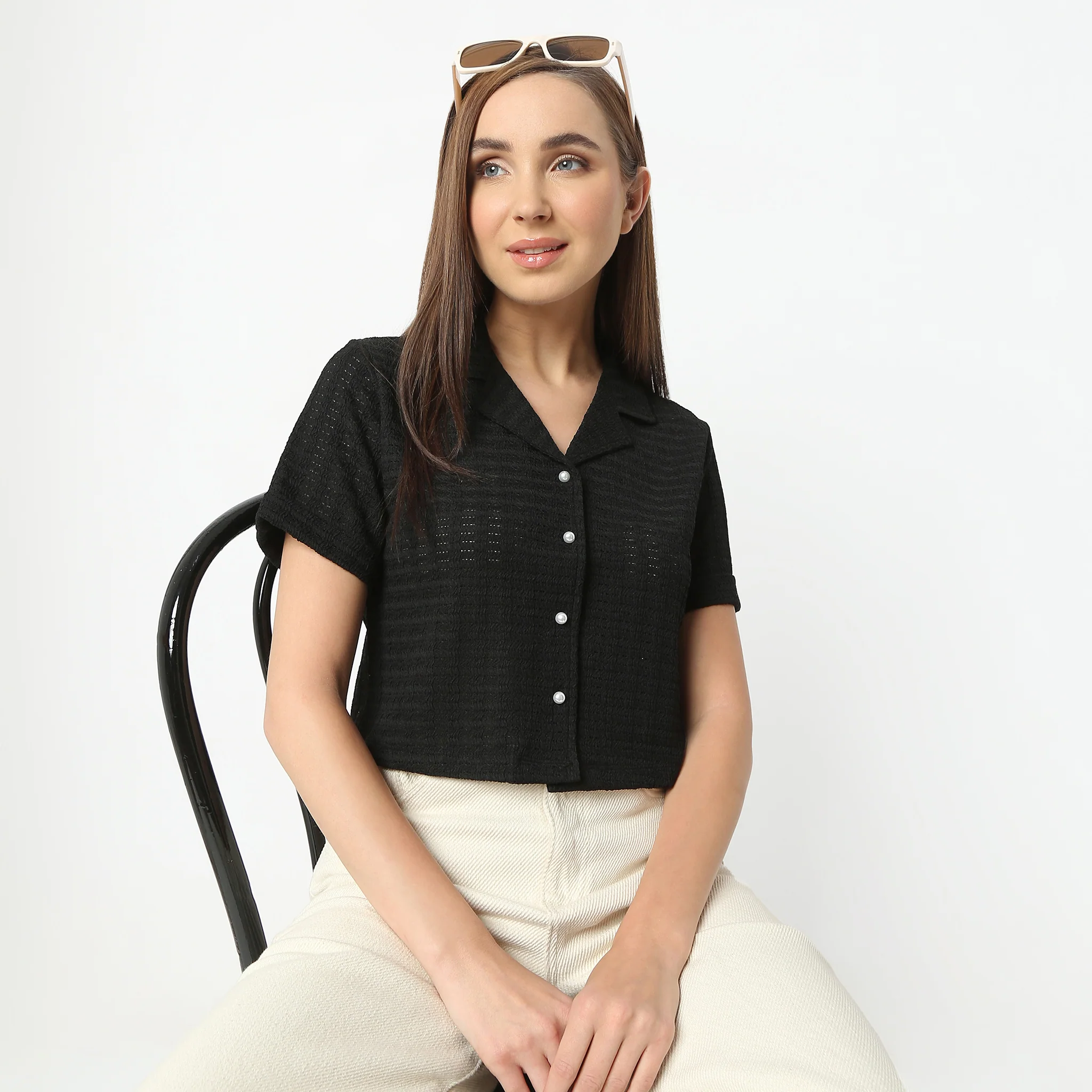 Lapel Collar Short Sleeve Crop Shirt
