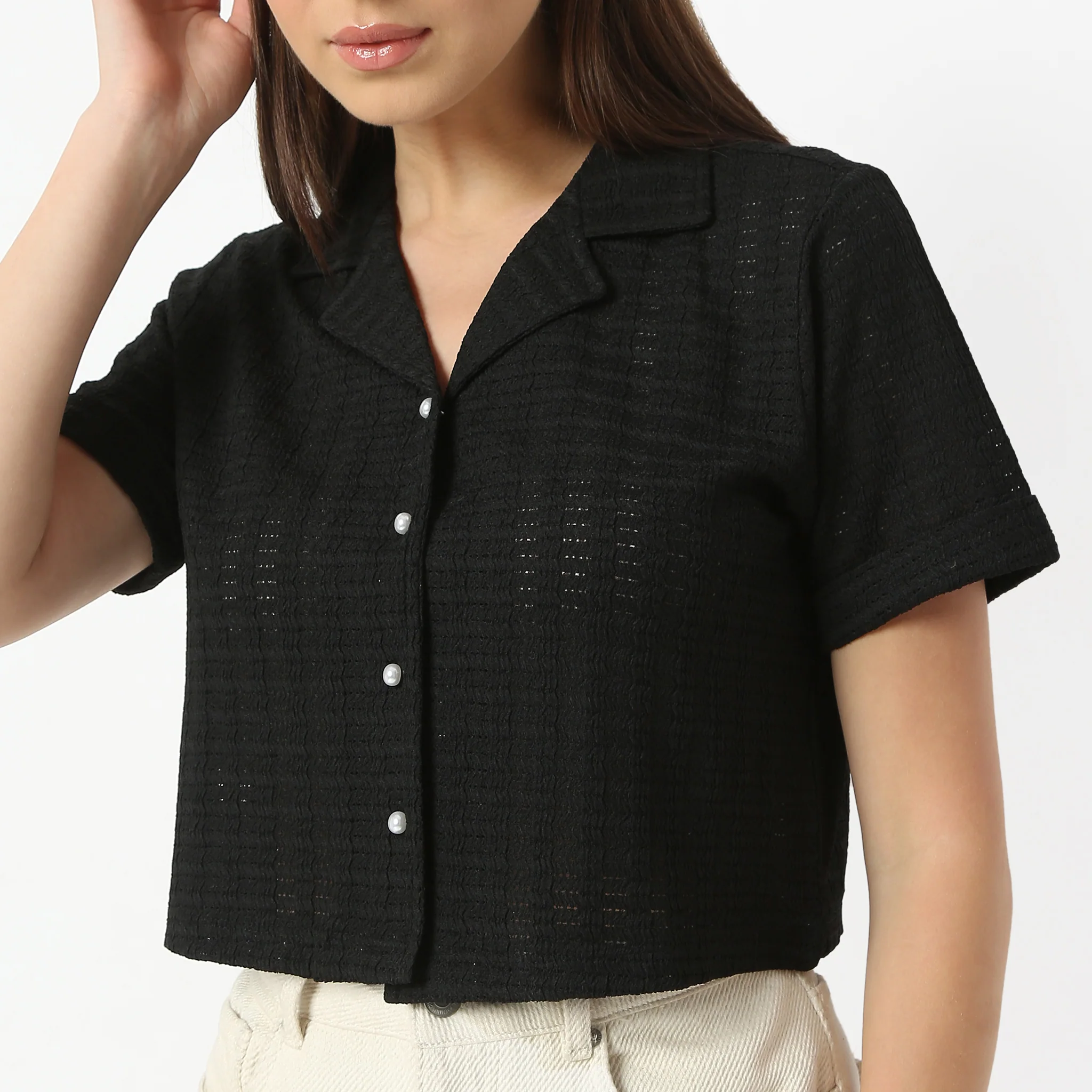 Lapel Collar Short Sleeve Crop Shirt - Image 4