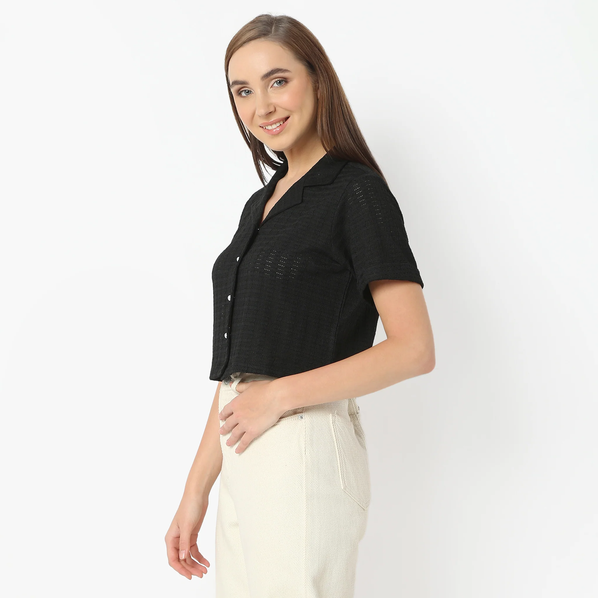 Lapel Collar Short Sleeve Crop Shirt - Image 5