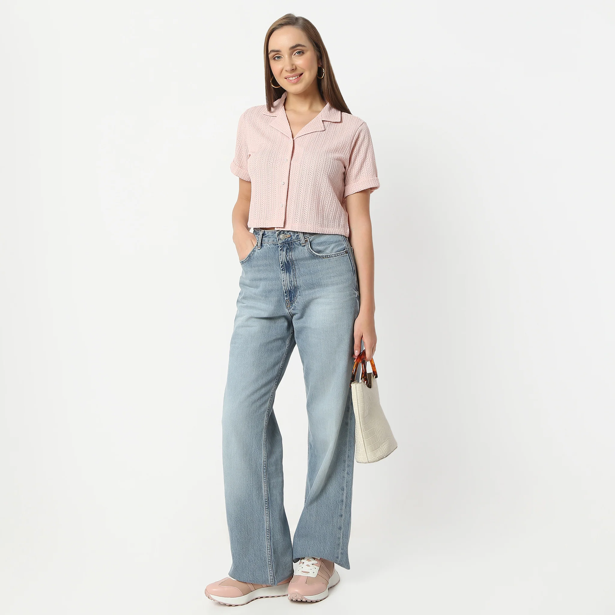 Lapel Collar Short Sleeve Crop Shirt - Image 6