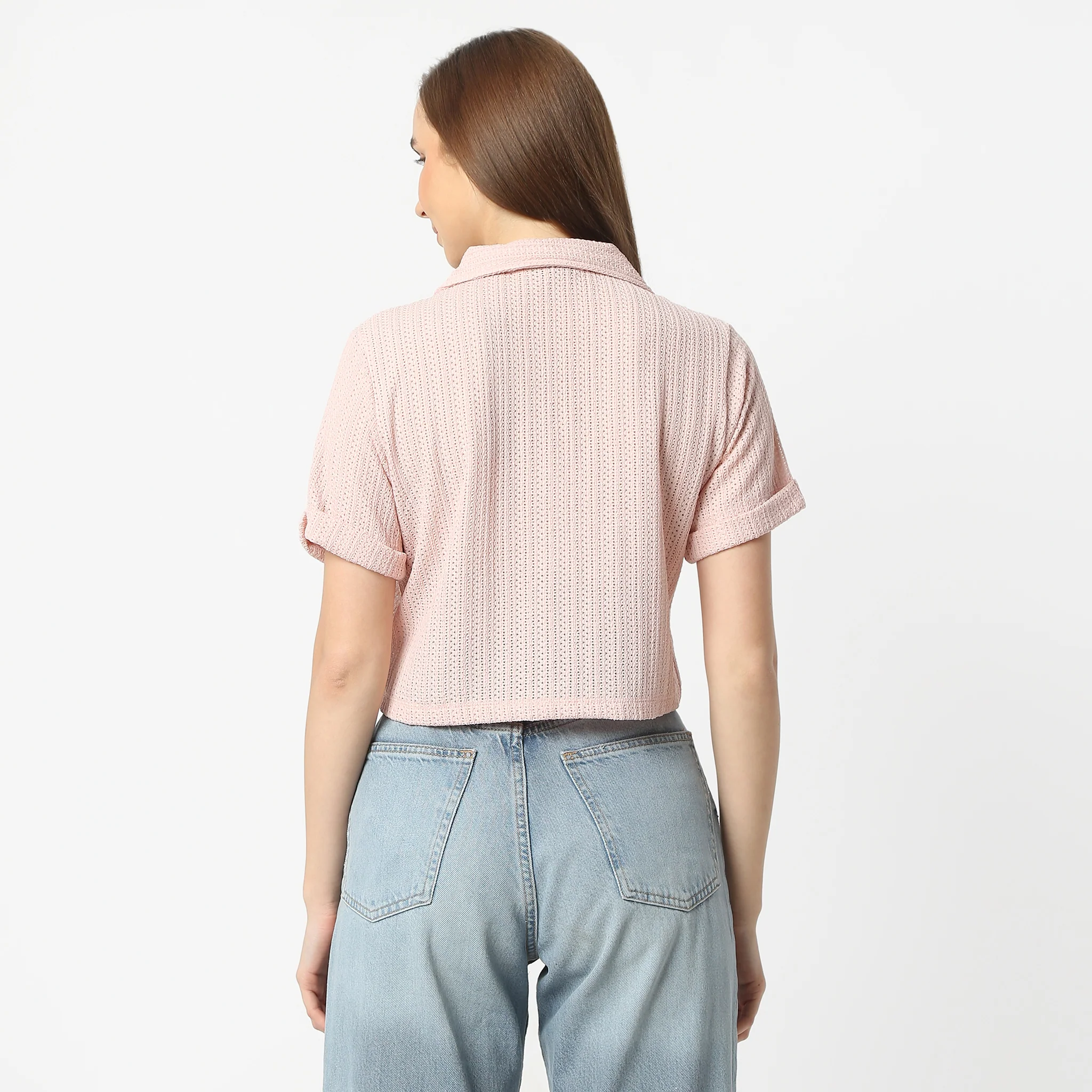 Lapel Collar Short Sleeve Crop Shirt - Image 8