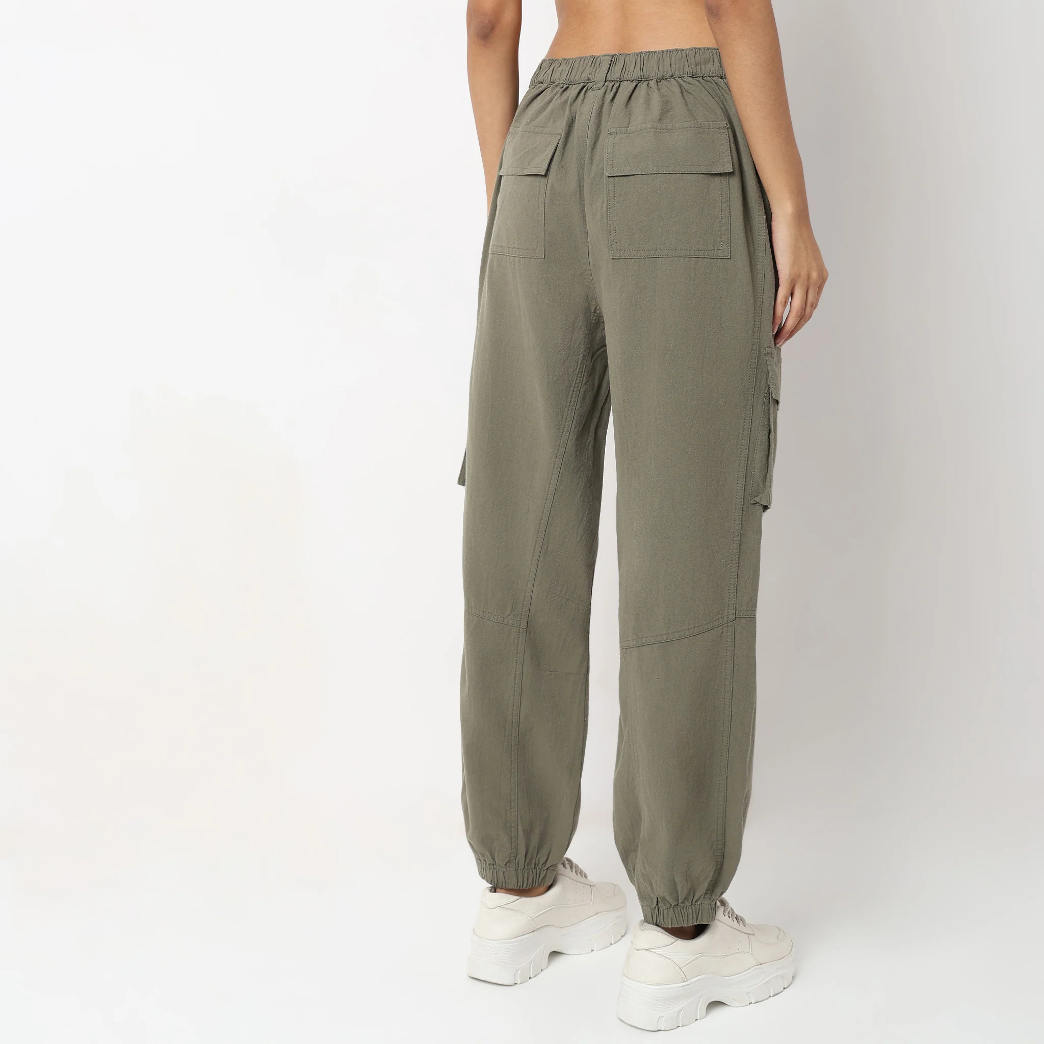 Regular Fit Solid Mid Rise Cargos - Image 3