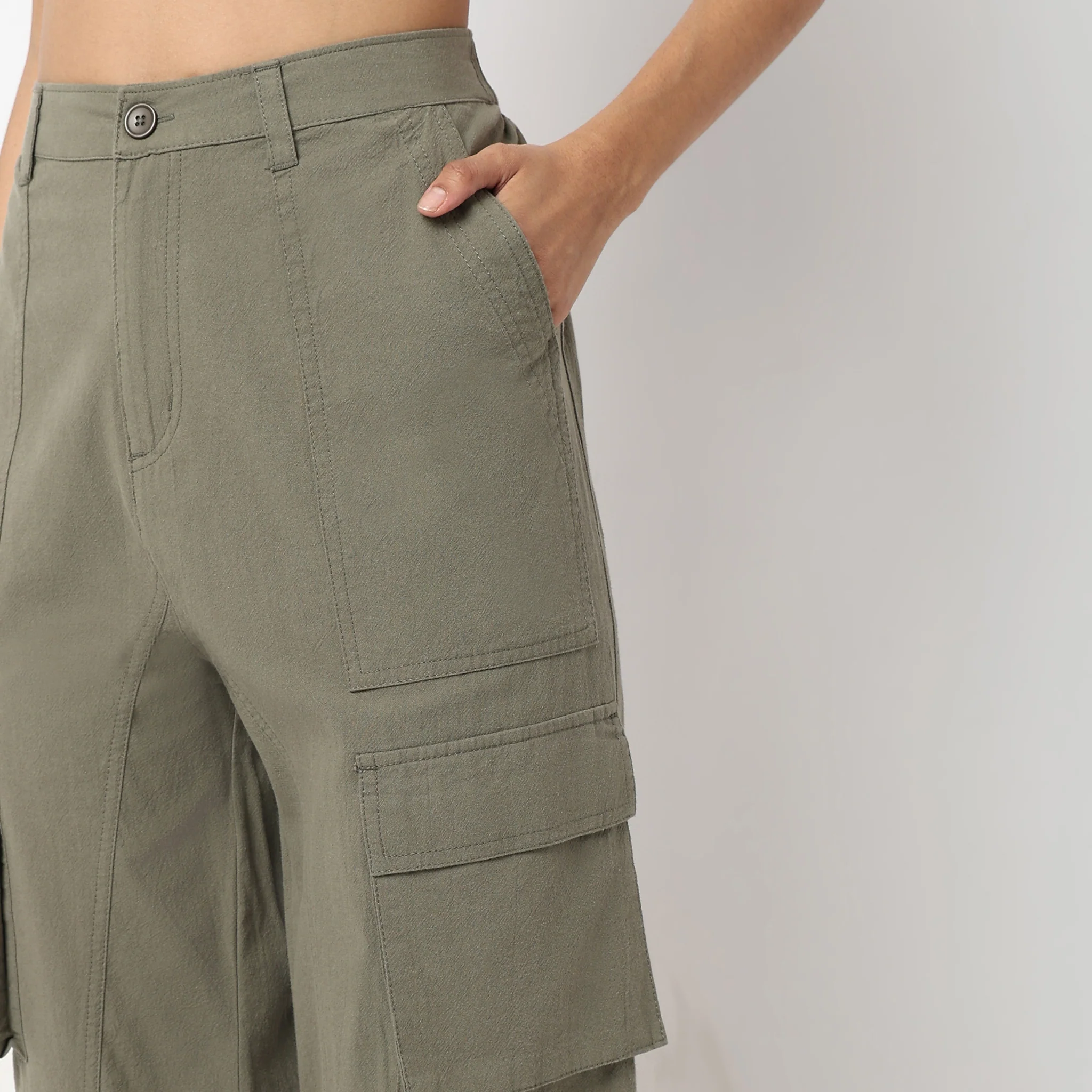 Regular Fit Solid Mid Rise Cargos - Image 4
