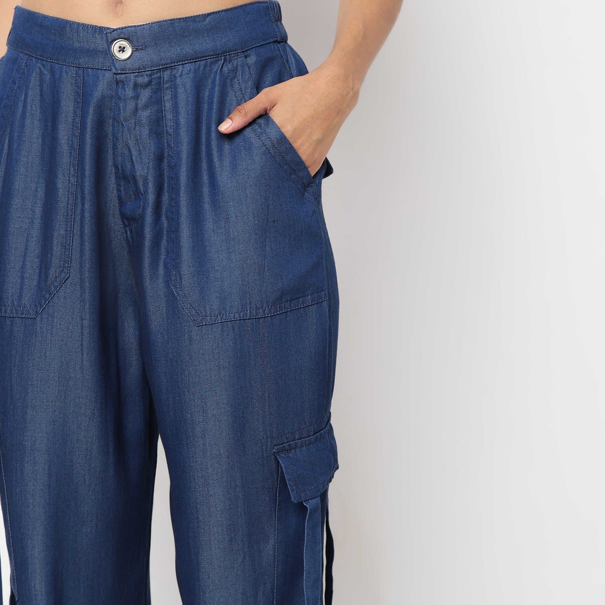 Regular Fit Solid Mid Rise Cargos - Image 4
