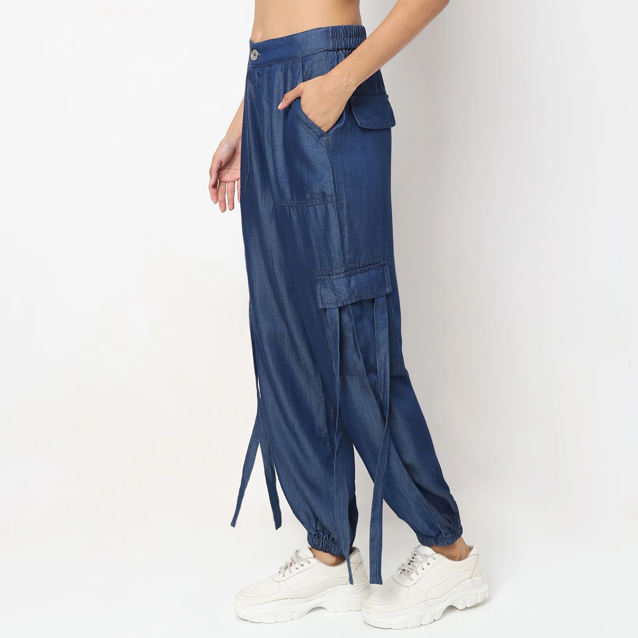 Regular Fit Solid Mid Rise Cargos - Image 5