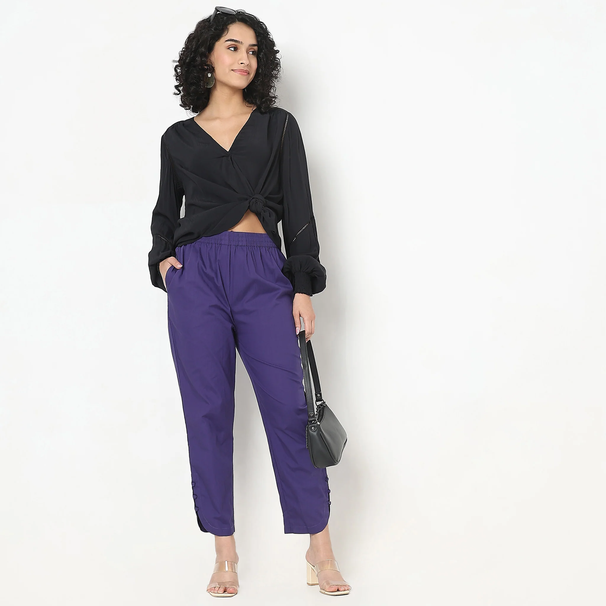 Regular Fit Solid Mid Rise Pants