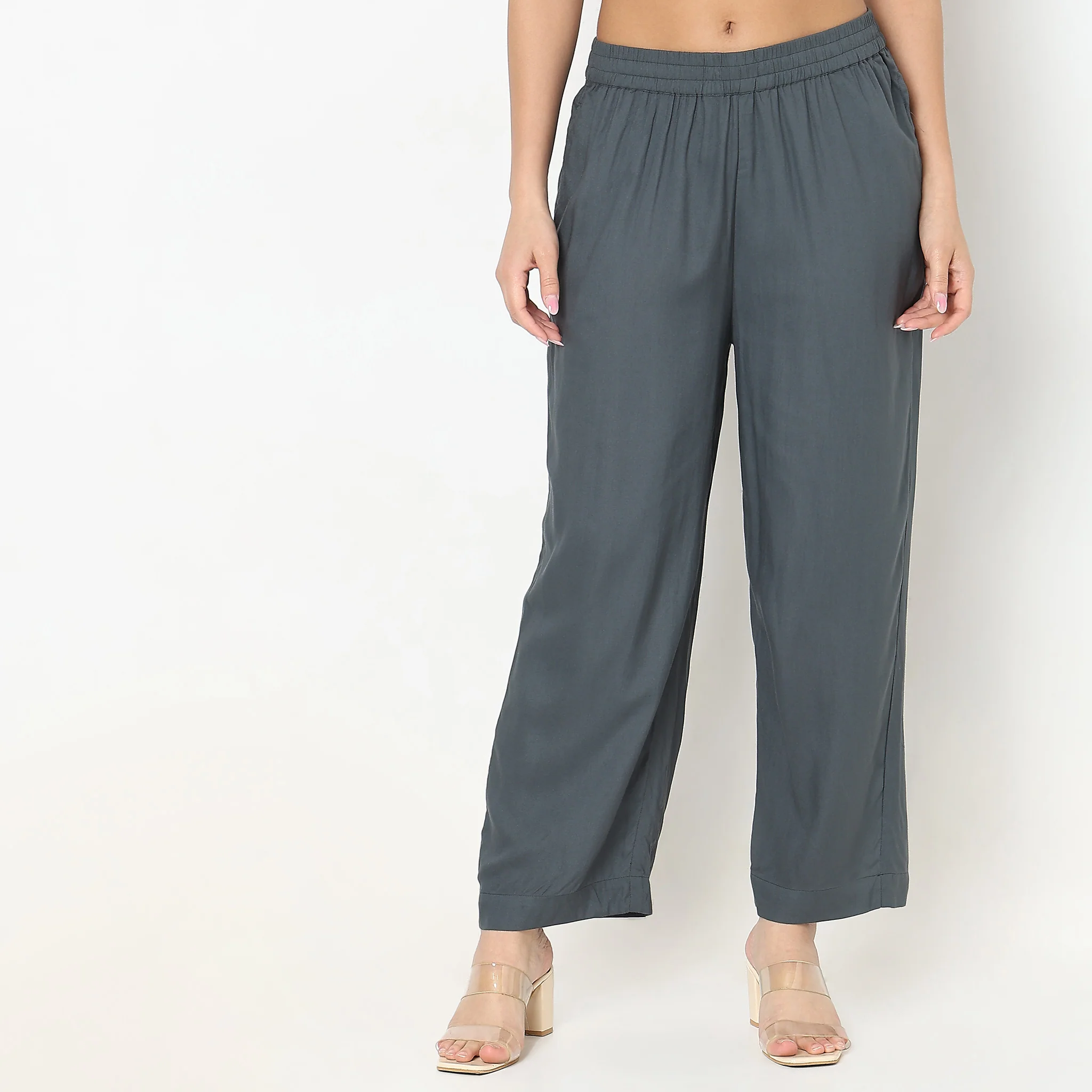 Regular Fit Solid Mid Rise Pants - Image 2