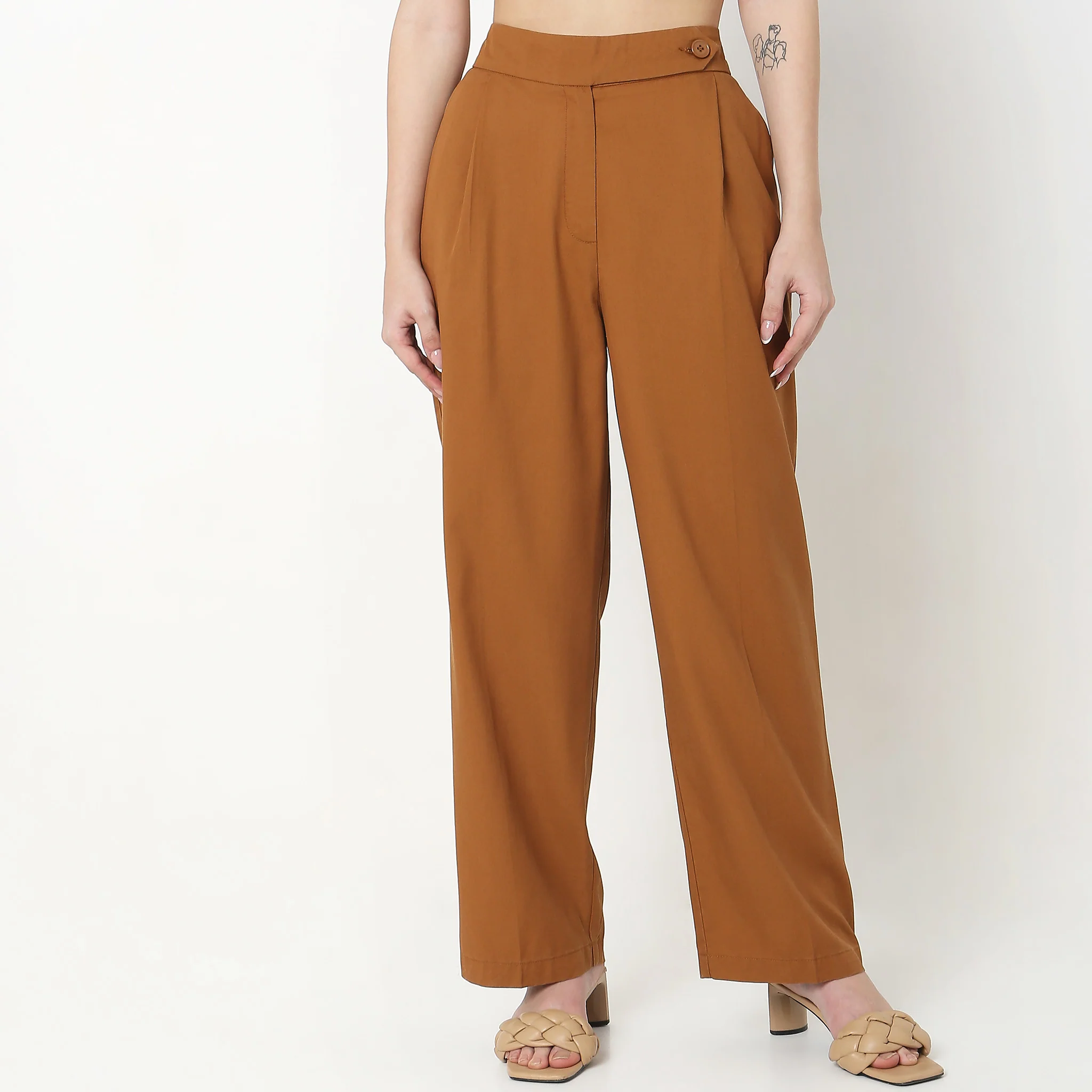 Regular Fit Solid Mid Rise Trousers - Image 2
