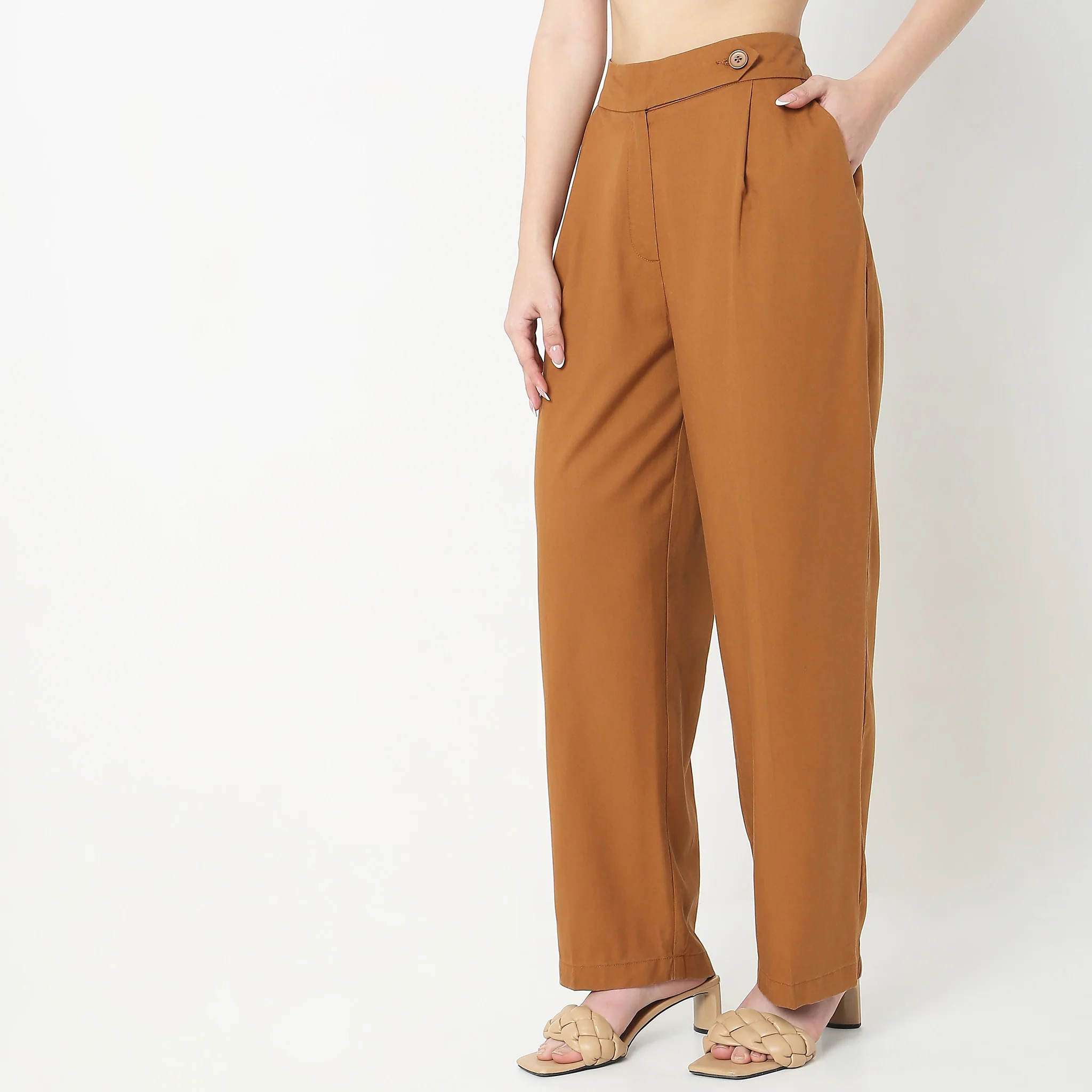 Regular Fit Solid Mid Rise Trousers - Image 5