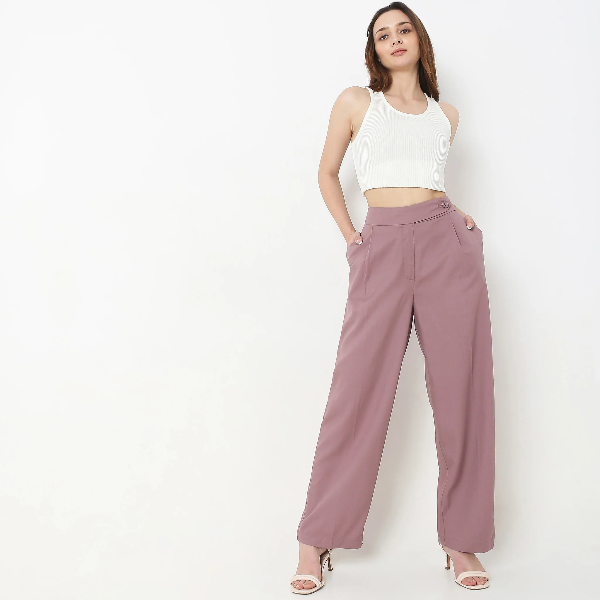 Regular Fit Solid Mid Rise Trousers - Image 6