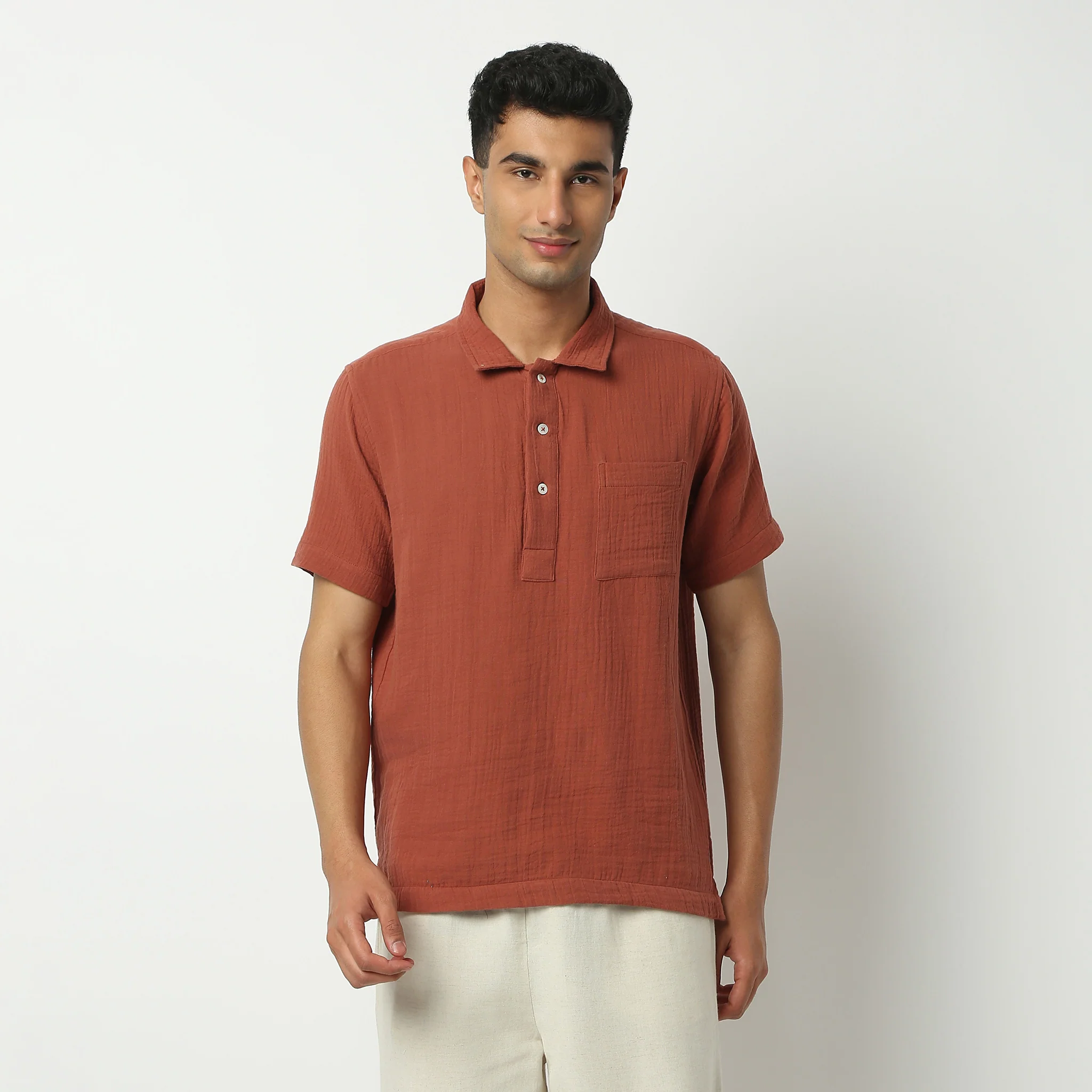 Polo Neck Short Length Solid Shirt - Image 2