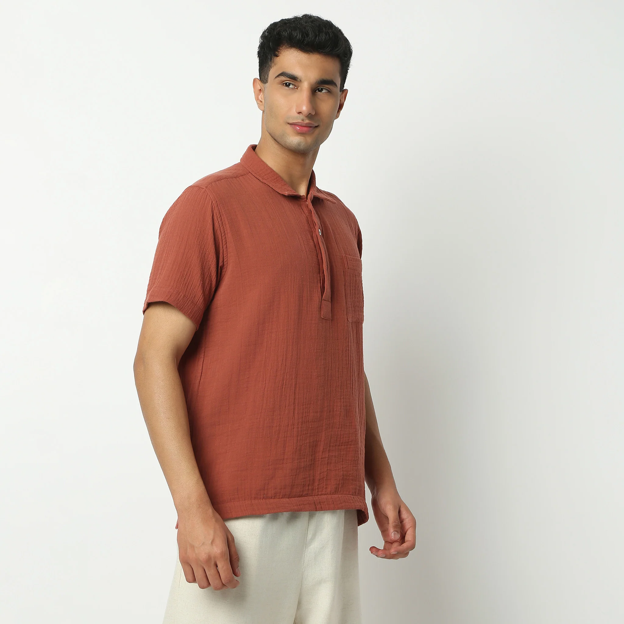 Polo Neck Short Length Solid Shirt - Image 5