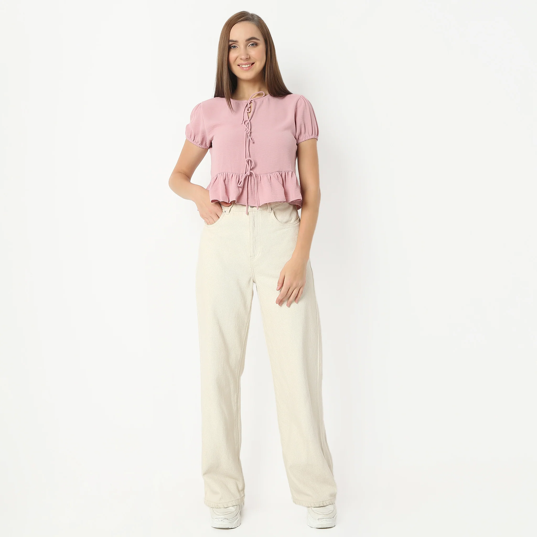 Round Neck Short Sleeve Tie Up Detail At Front And Ruffle At Bottom Crop Top - Image 2