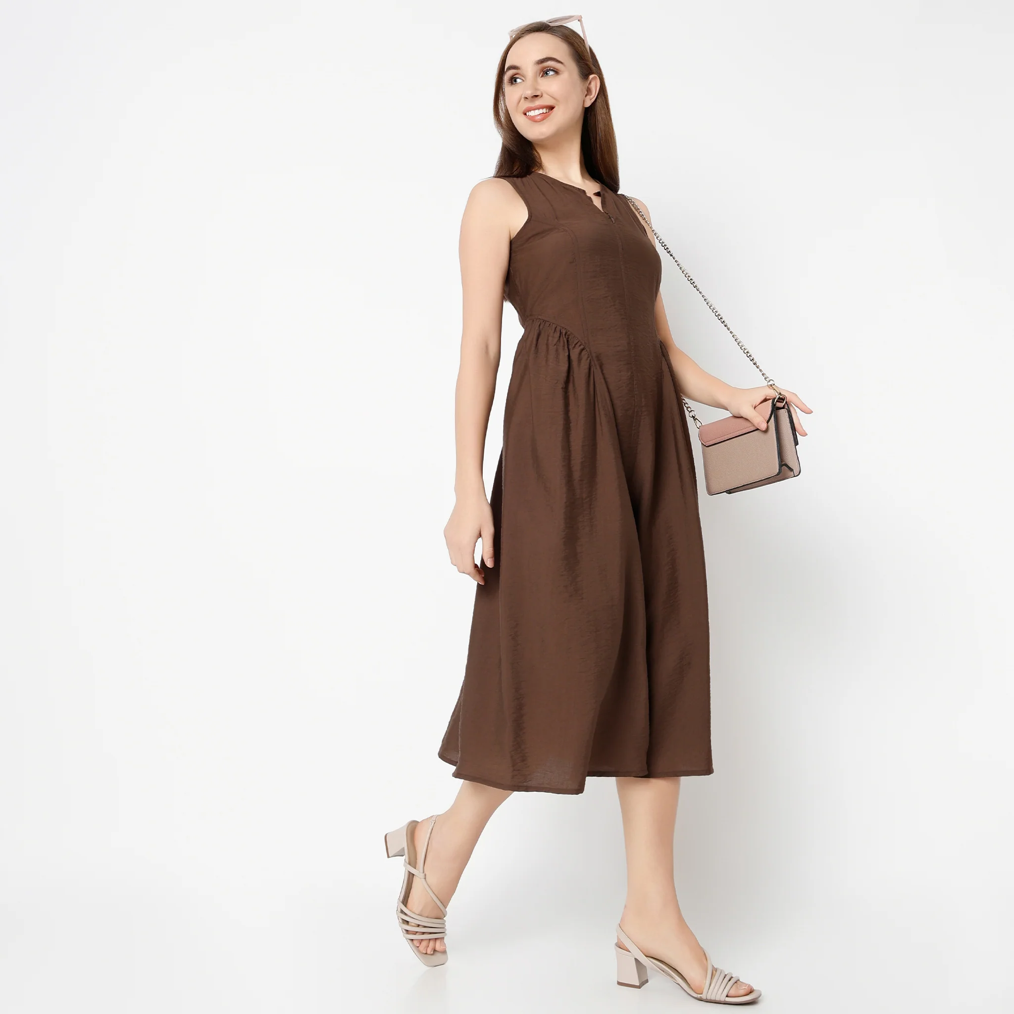 Round Neck Calf Length Sleeveless Solid Dress