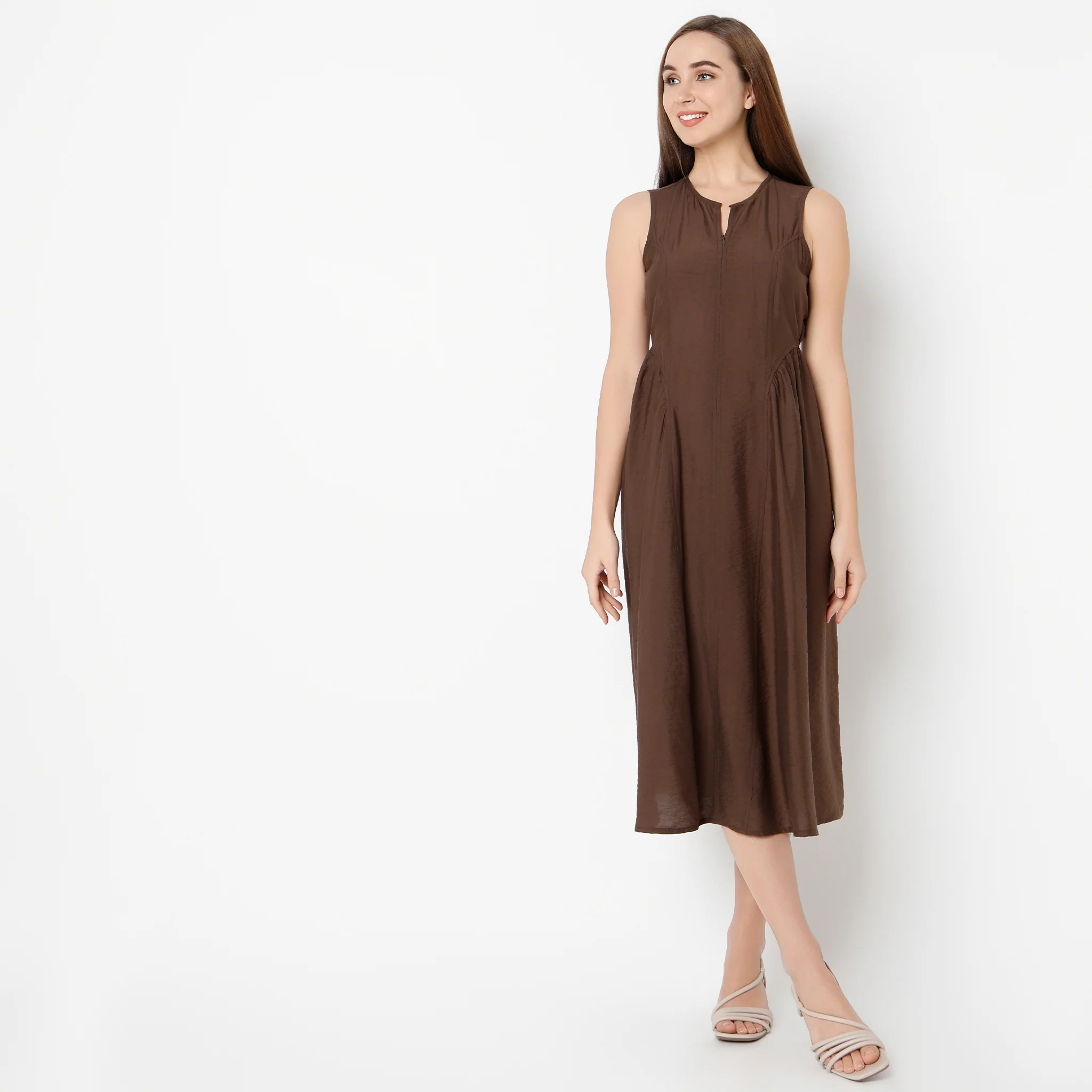 Round Neck Calf Length Sleeveless Solid Dress - Image 2