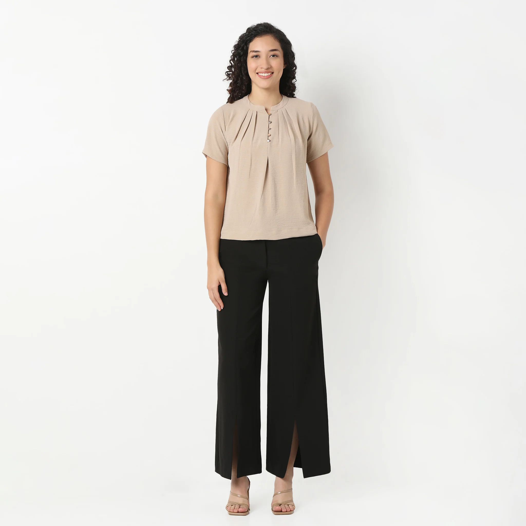 Solid Round Neck Pleated Top - Image 11