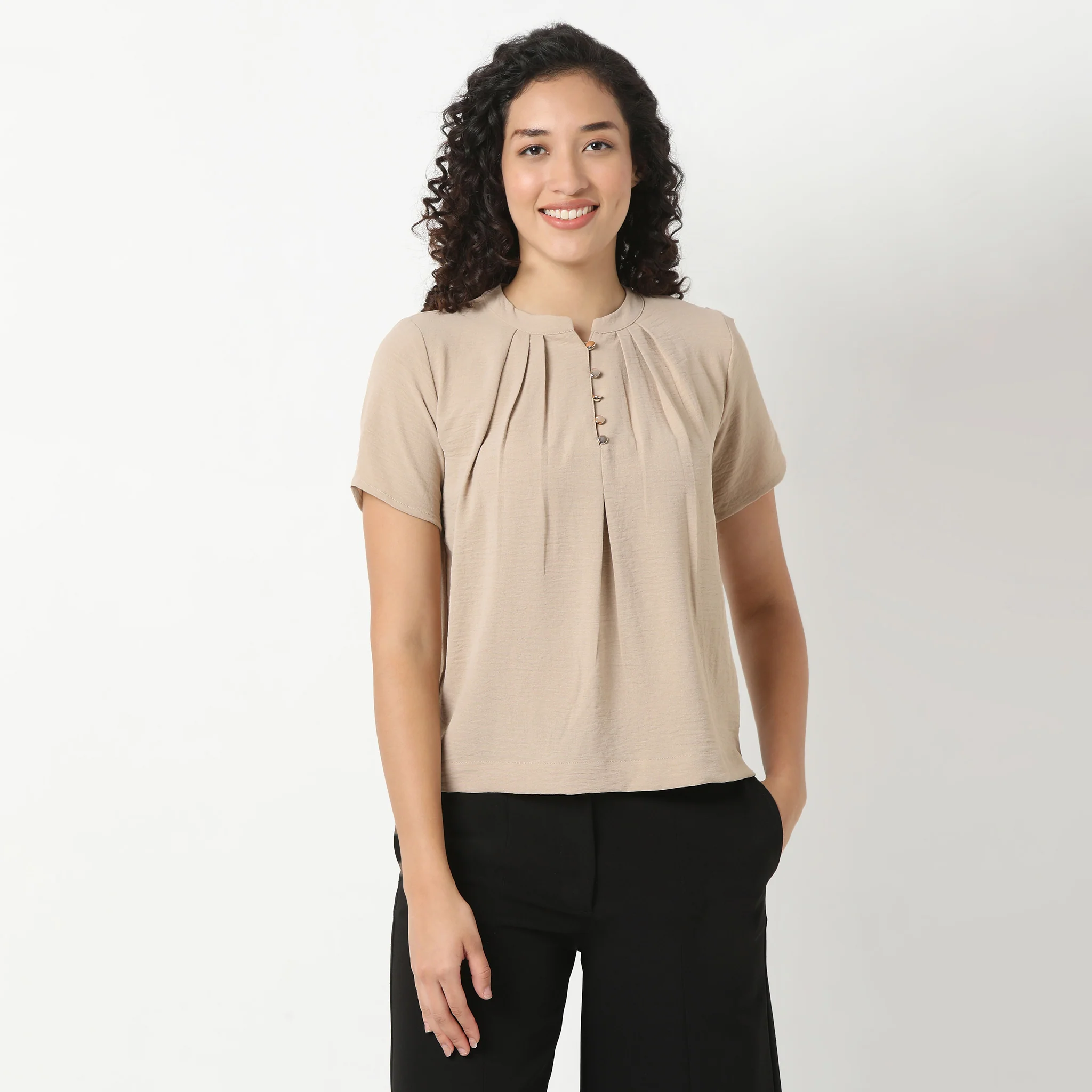 Solid Round Neck Pleated Top - Image 12