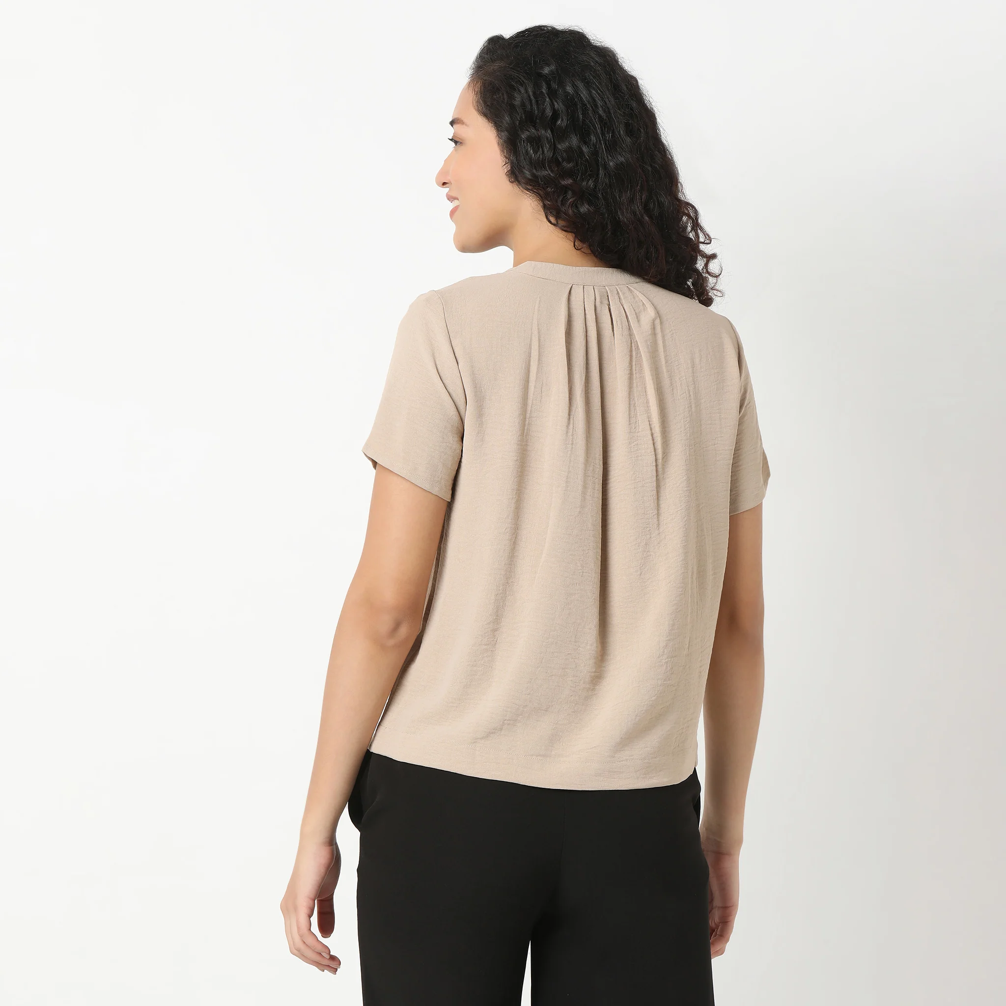 Solid Round Neck Pleated Top - Image 13