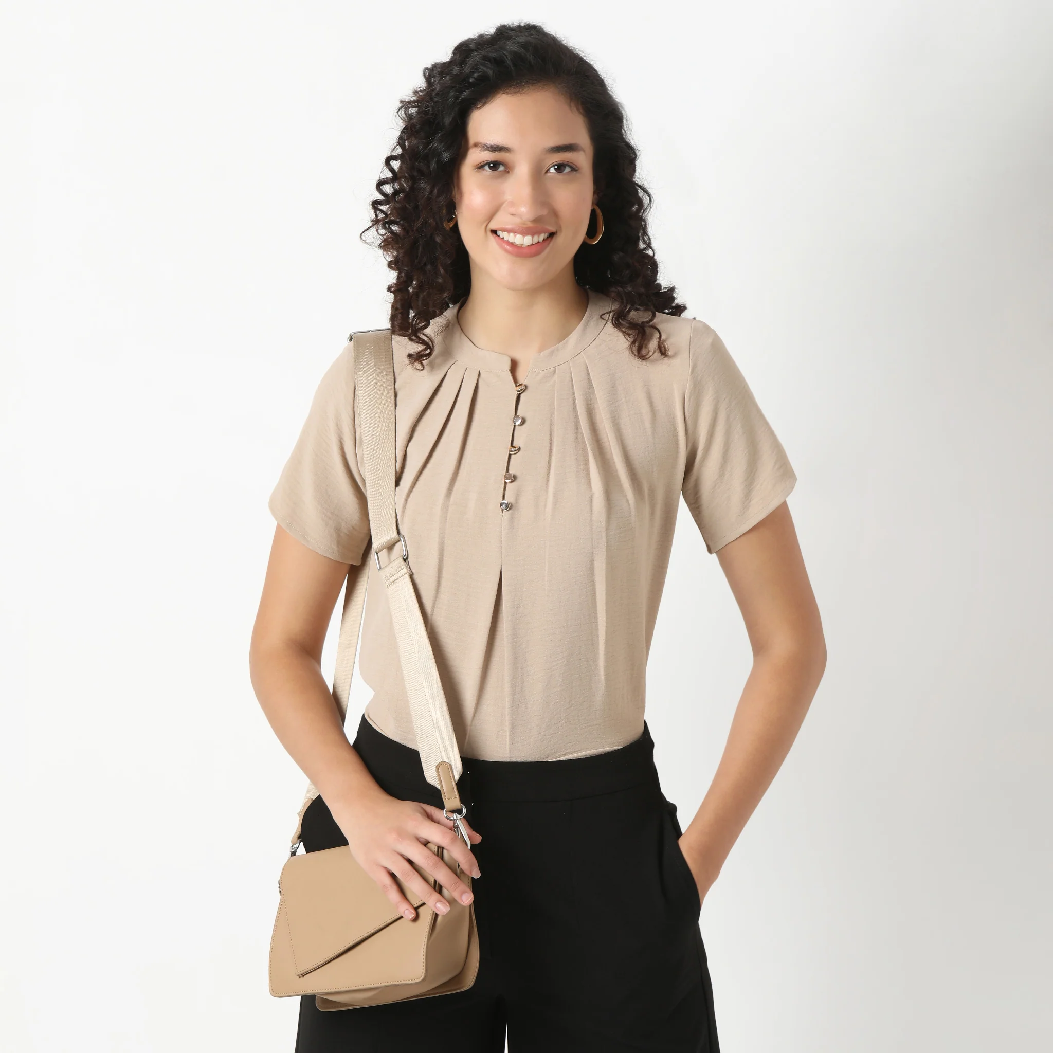 Solid Round Neck Pleated Top - Image 14