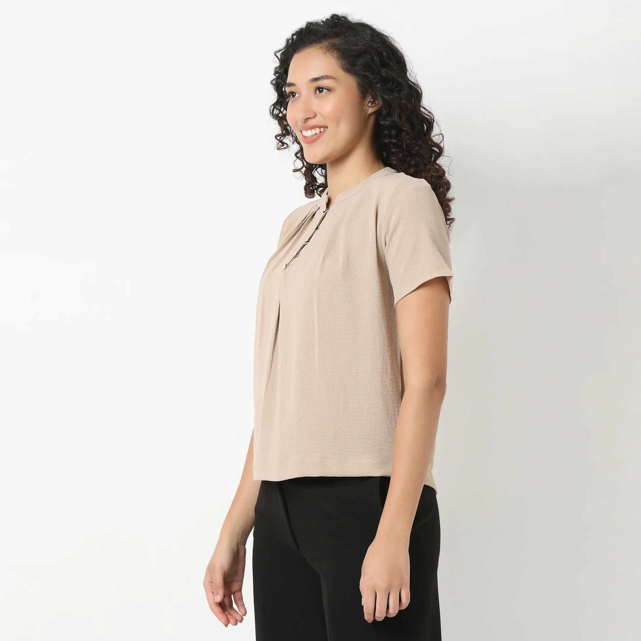 Solid Round Neck Pleated Top - Image 15
