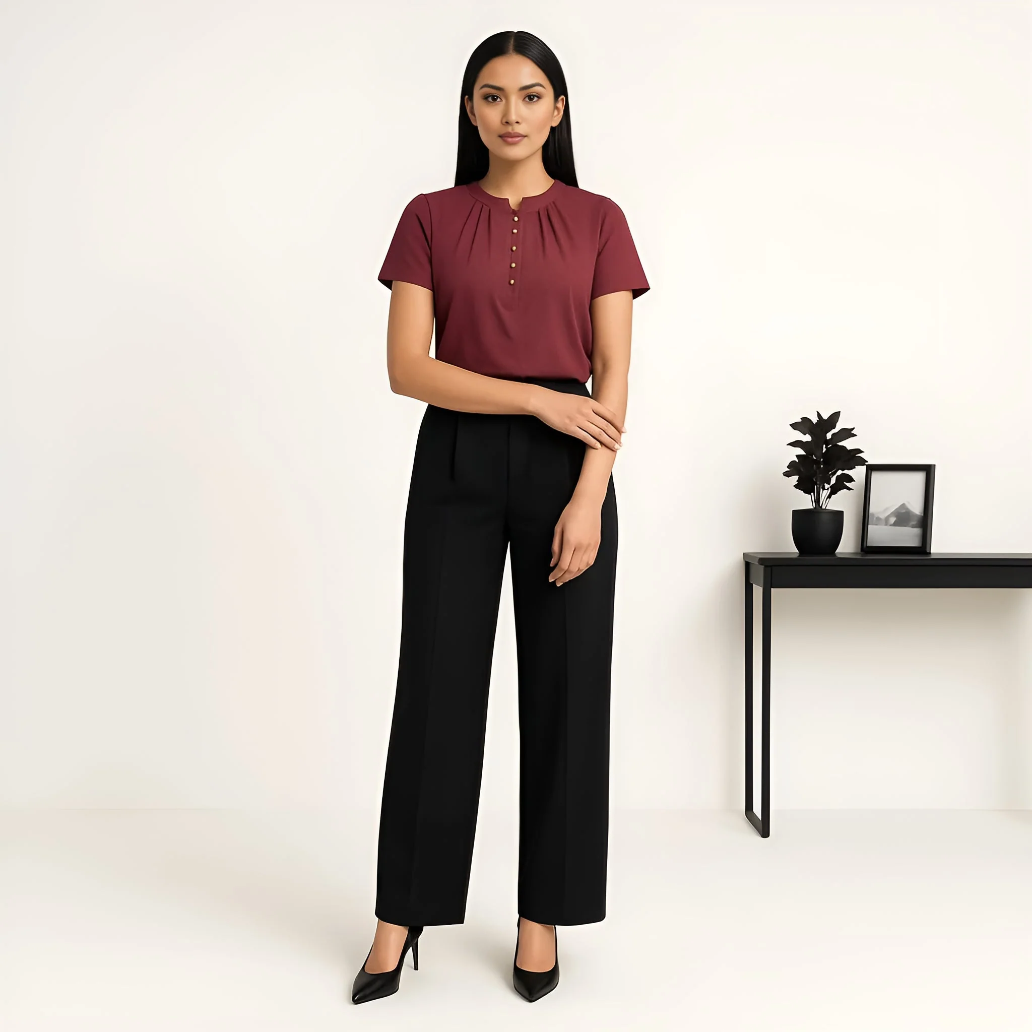 Solid Round Neck Pleated Top - Image 16