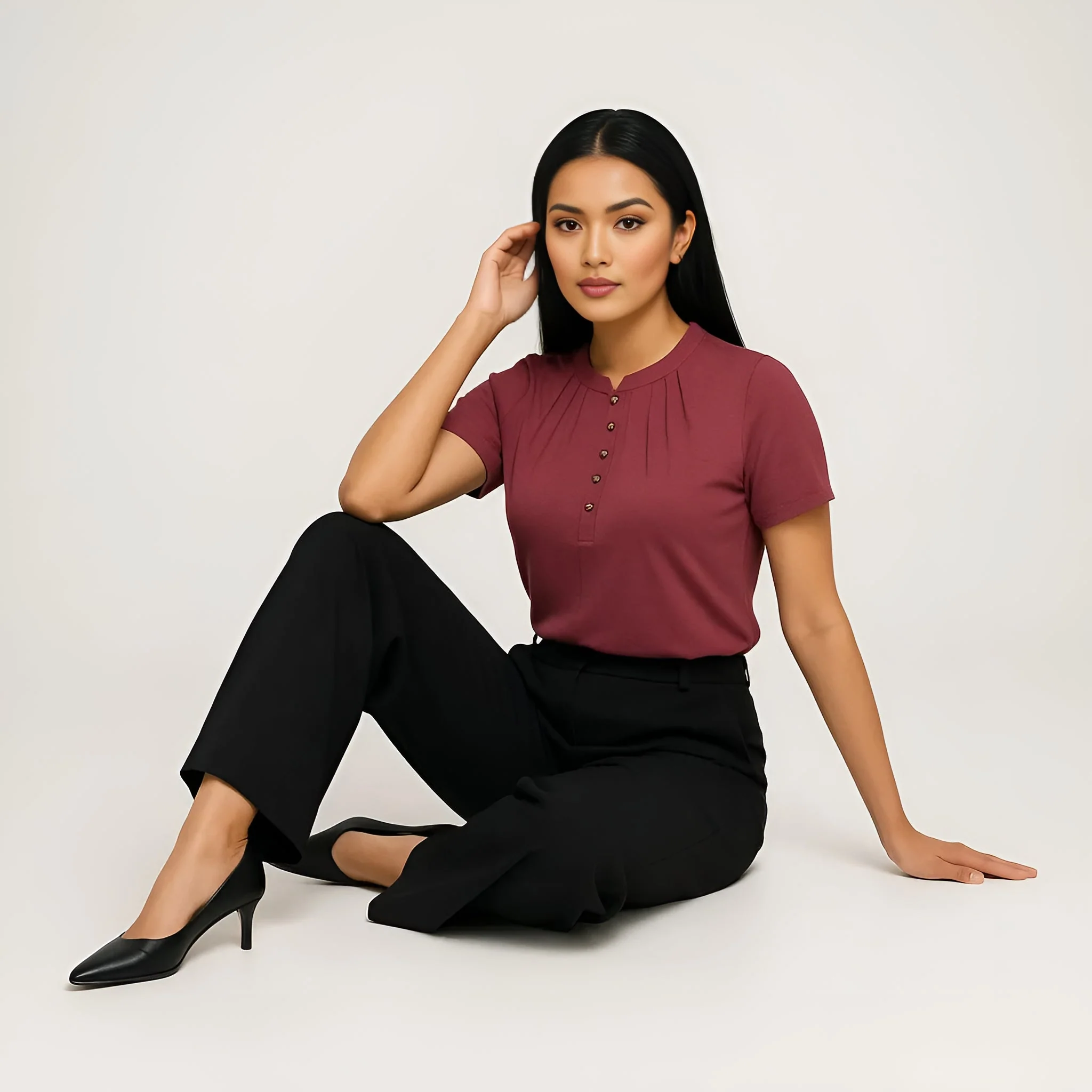 Solid Round Neck Pleated Top - Image 17