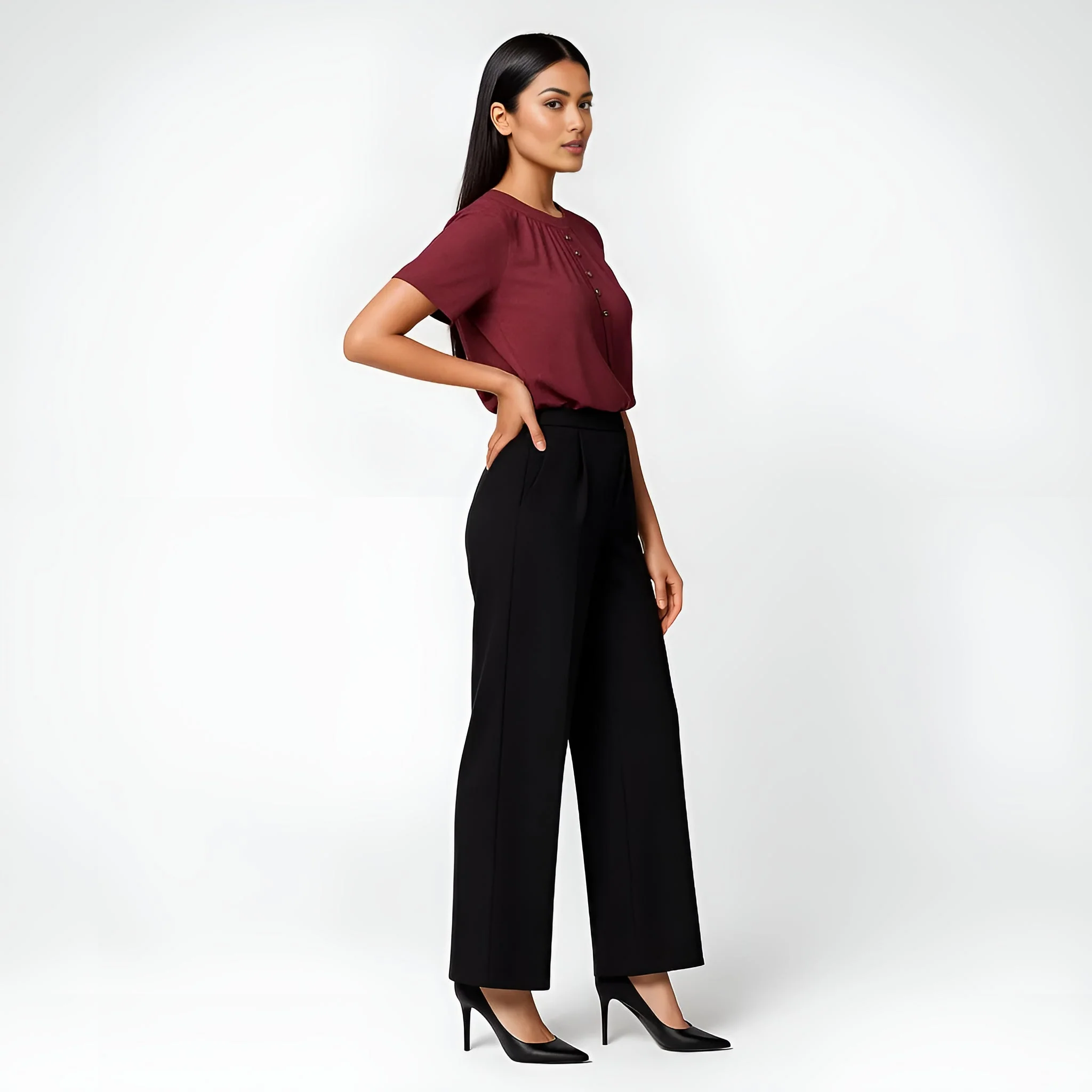 Solid Round Neck Pleated Top - Image 21