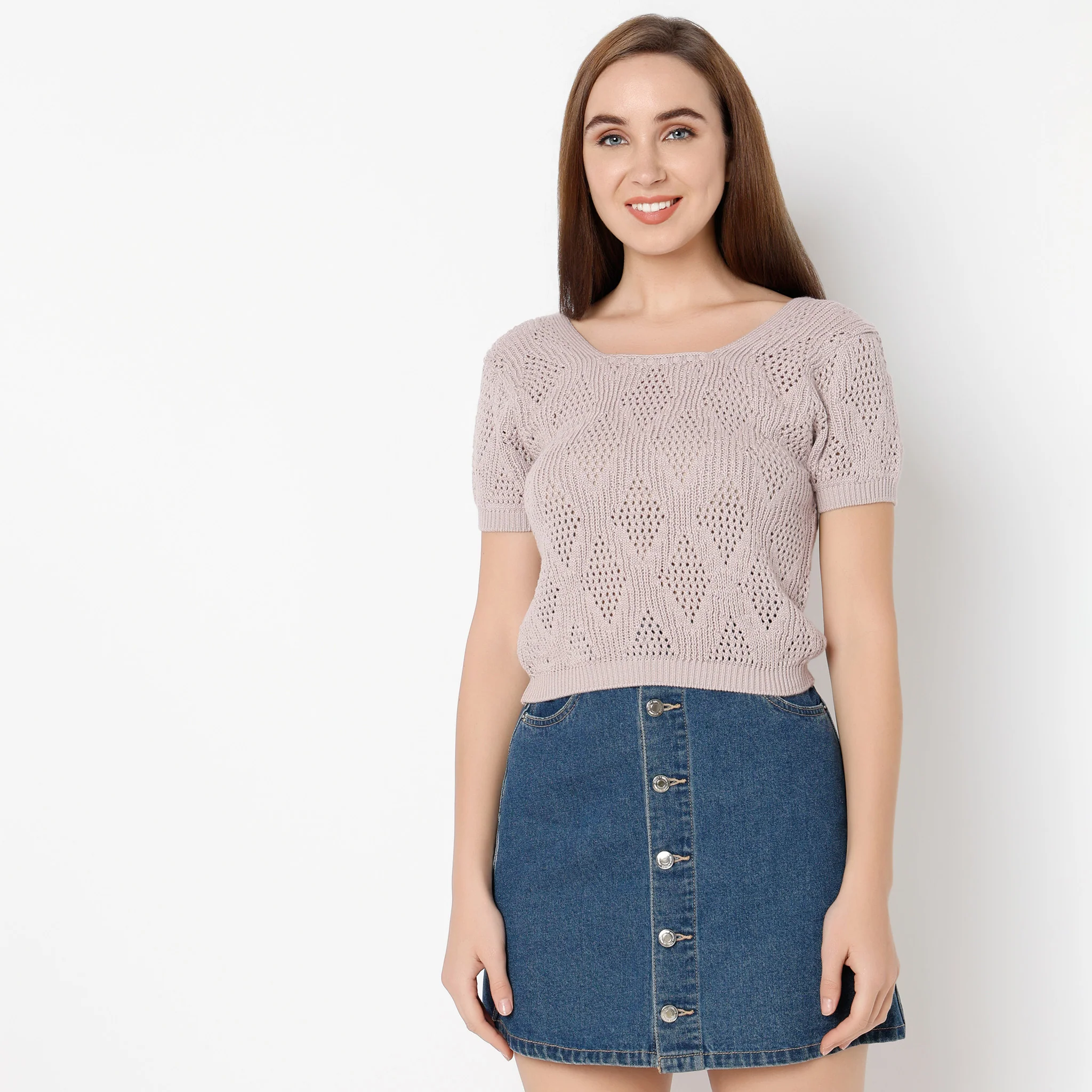 Scoop Neck Short Sleeve Knited Solid T-Shirt - Image 2