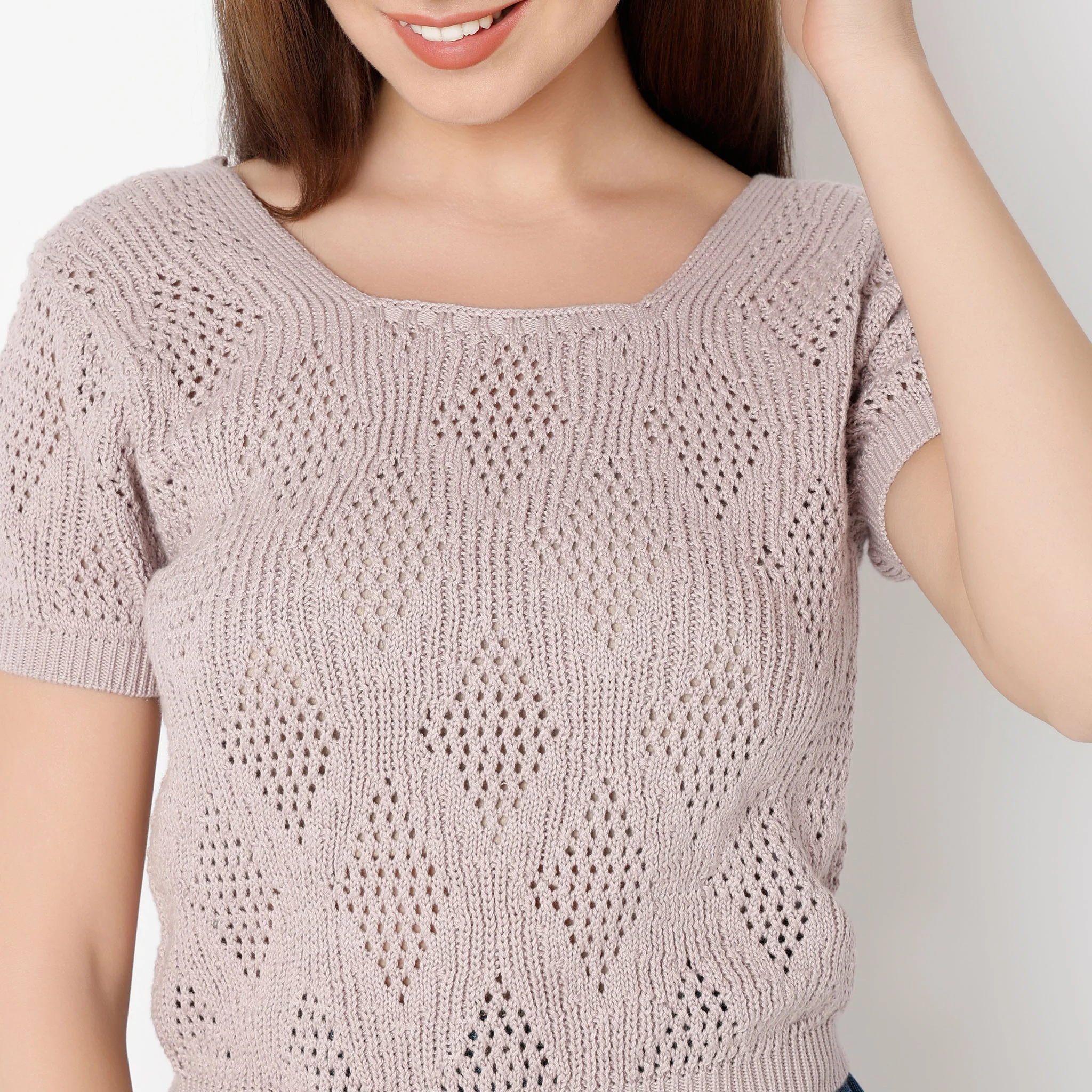 Scoop Neck Short Sleeve Knited Solid T-Shirt - Image 4