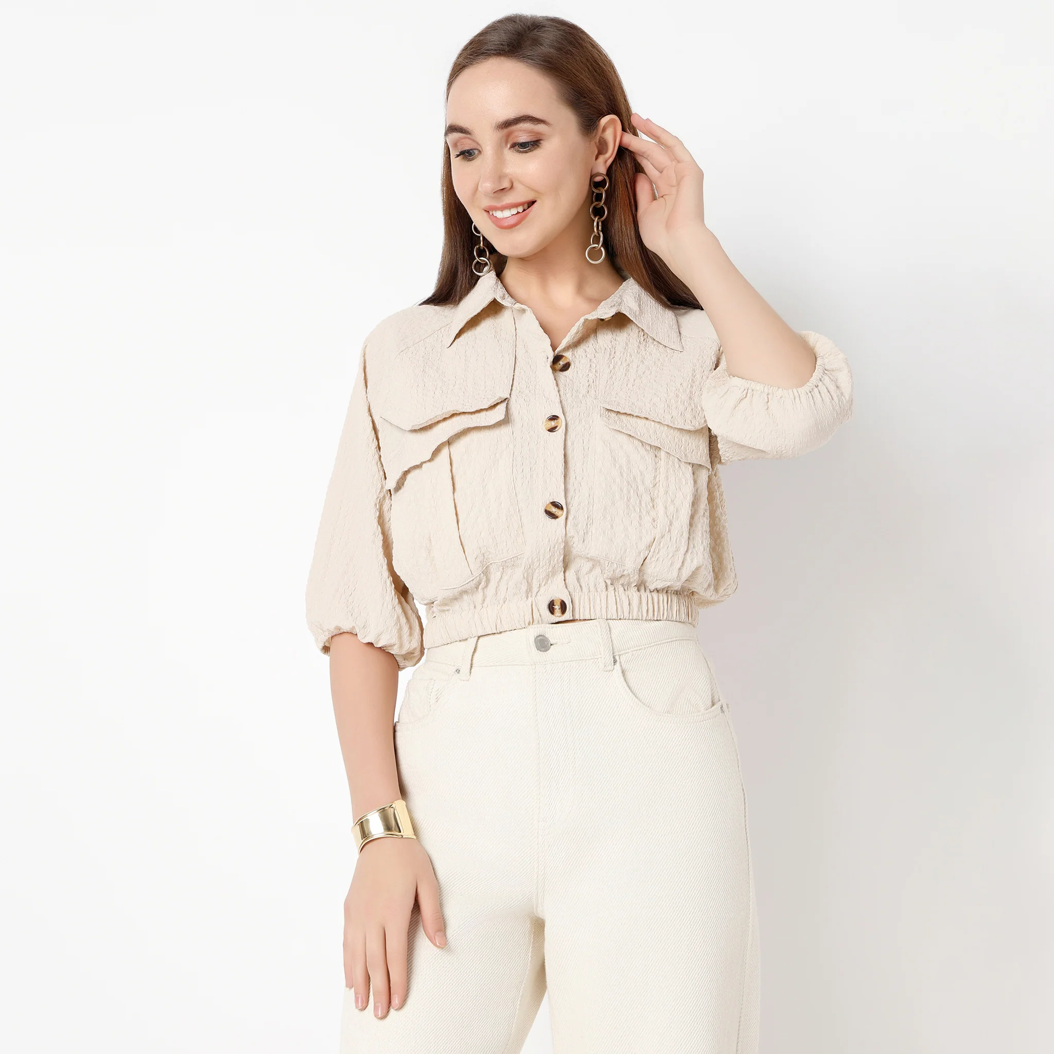 Shirt Collar Three-Fourth Sleeve Betty Crop Shirt With Flap Pocket - Image 2