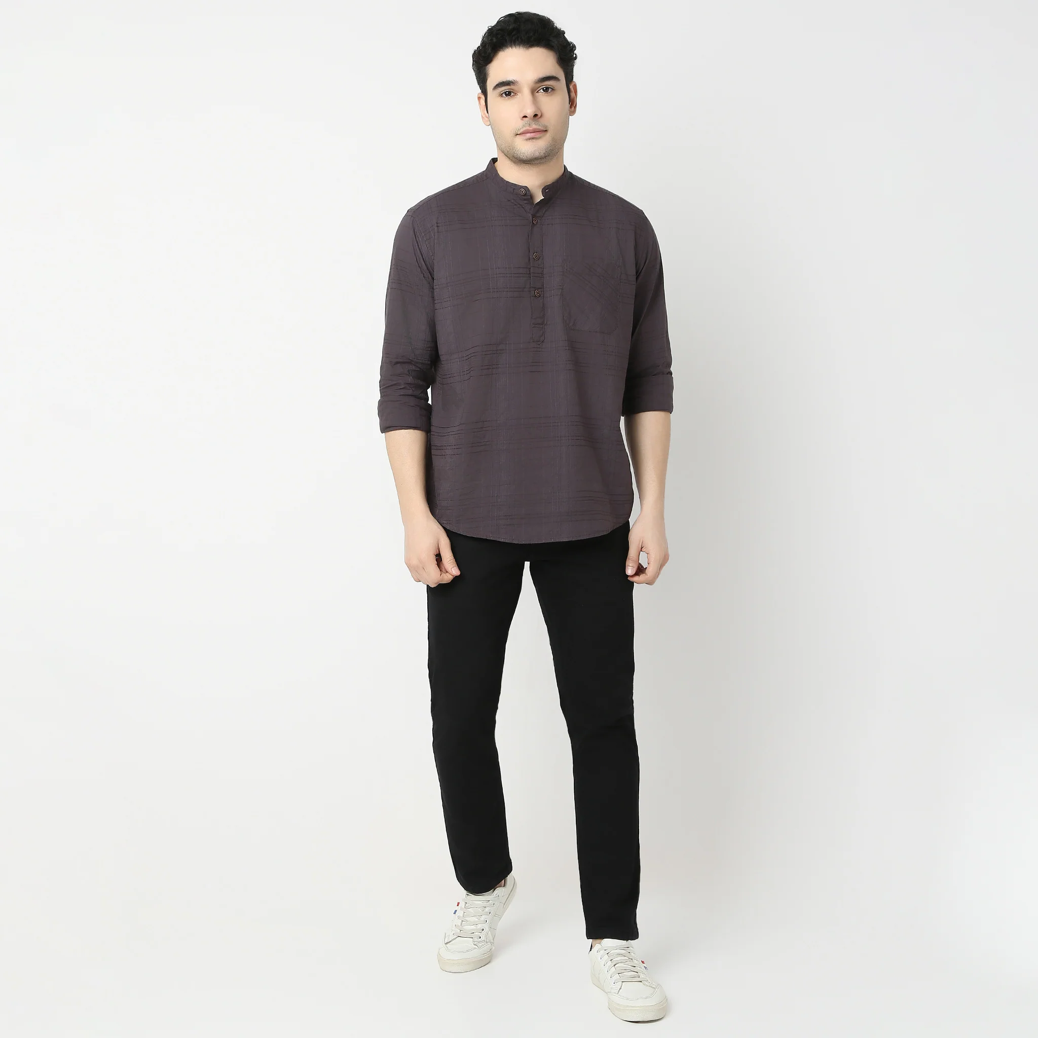 Pure Cotton Self Dobby Pattern - Band Collar Kurta Shirt - Image 2