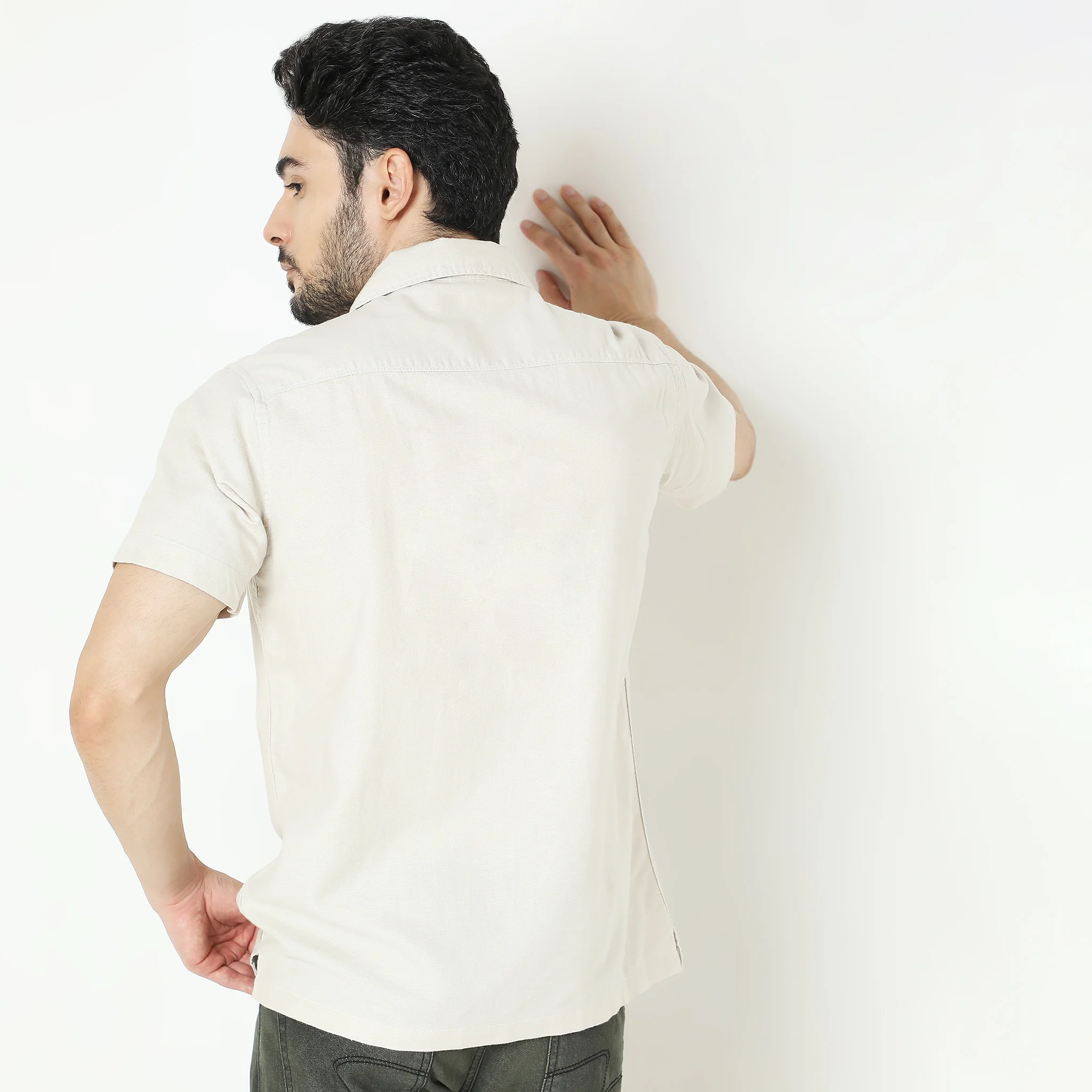 Linen Blend - Shacket Shirt - Cuban Collar - Regular Fit Natural Safari - Image 3