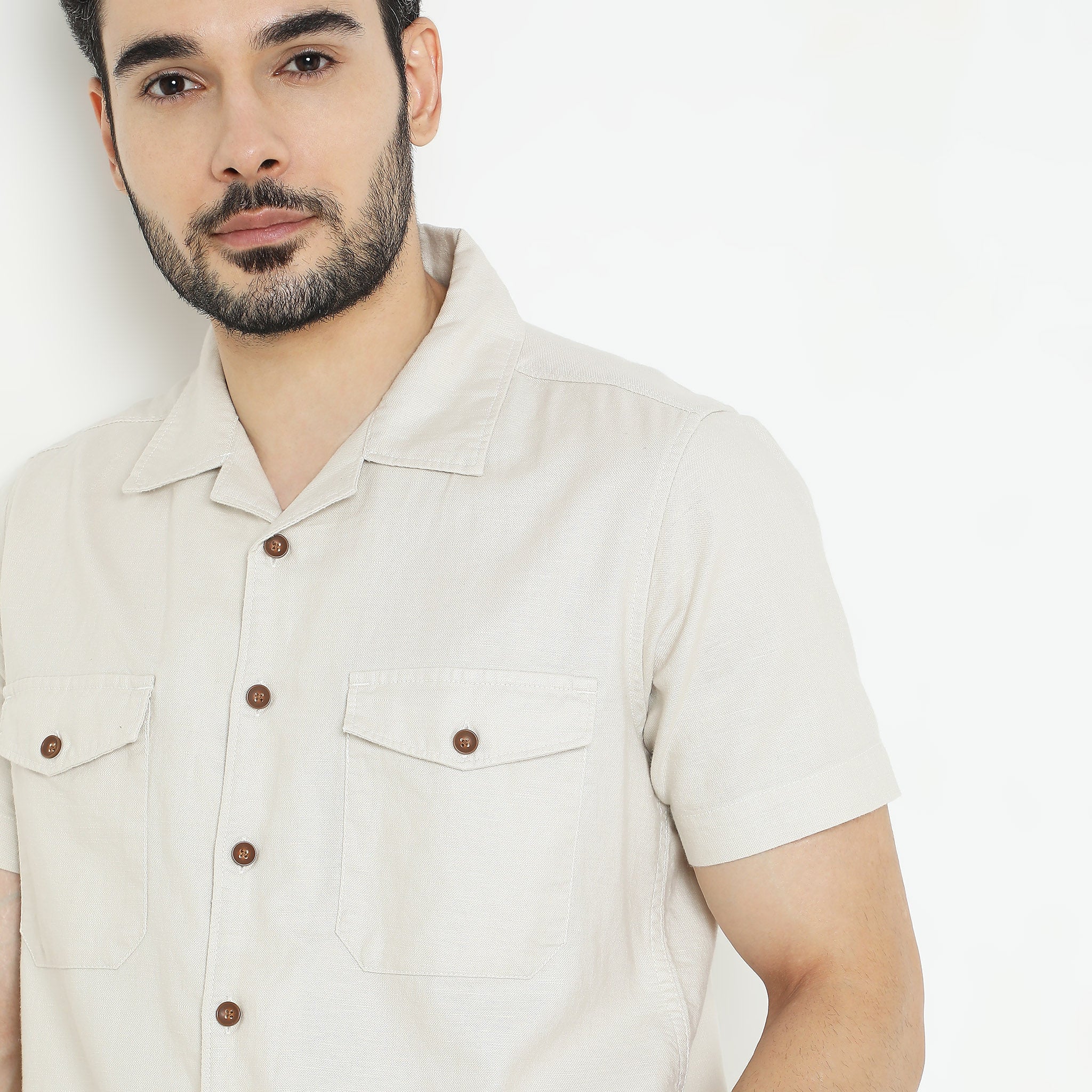 Linen Blend - Shacket Shirt - Cuban Collar - Regular Fit Natural Safari - Image 4