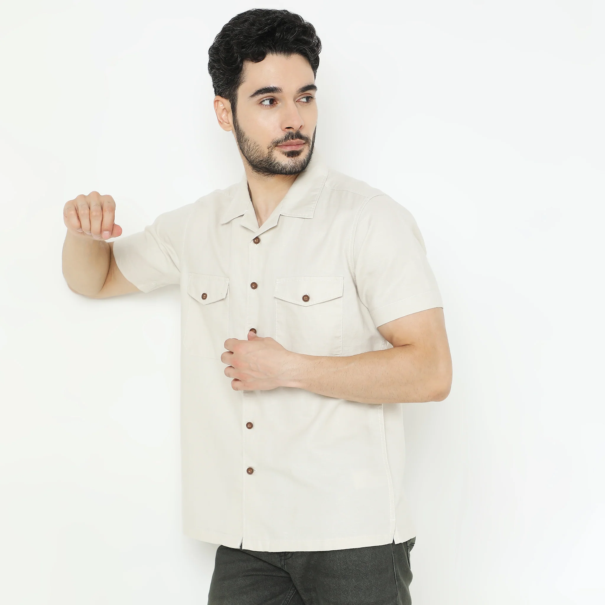 Linen Blend - Shacket Shirt - Cuban Collar - Regular Fit Natural Safari - Image 5