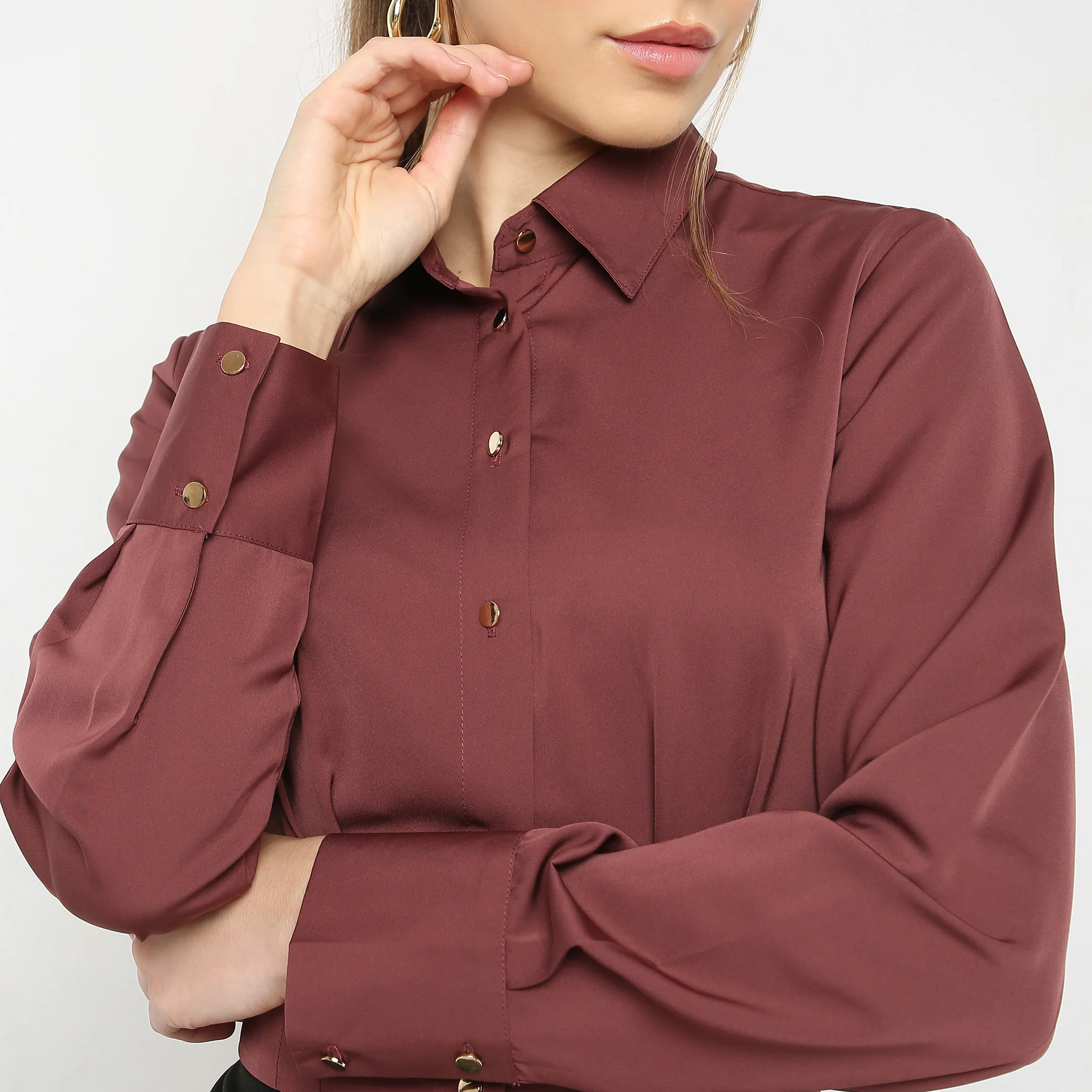 Solid Full Sleeve Party Wear Satin Milano Crop Shirt - Image 10