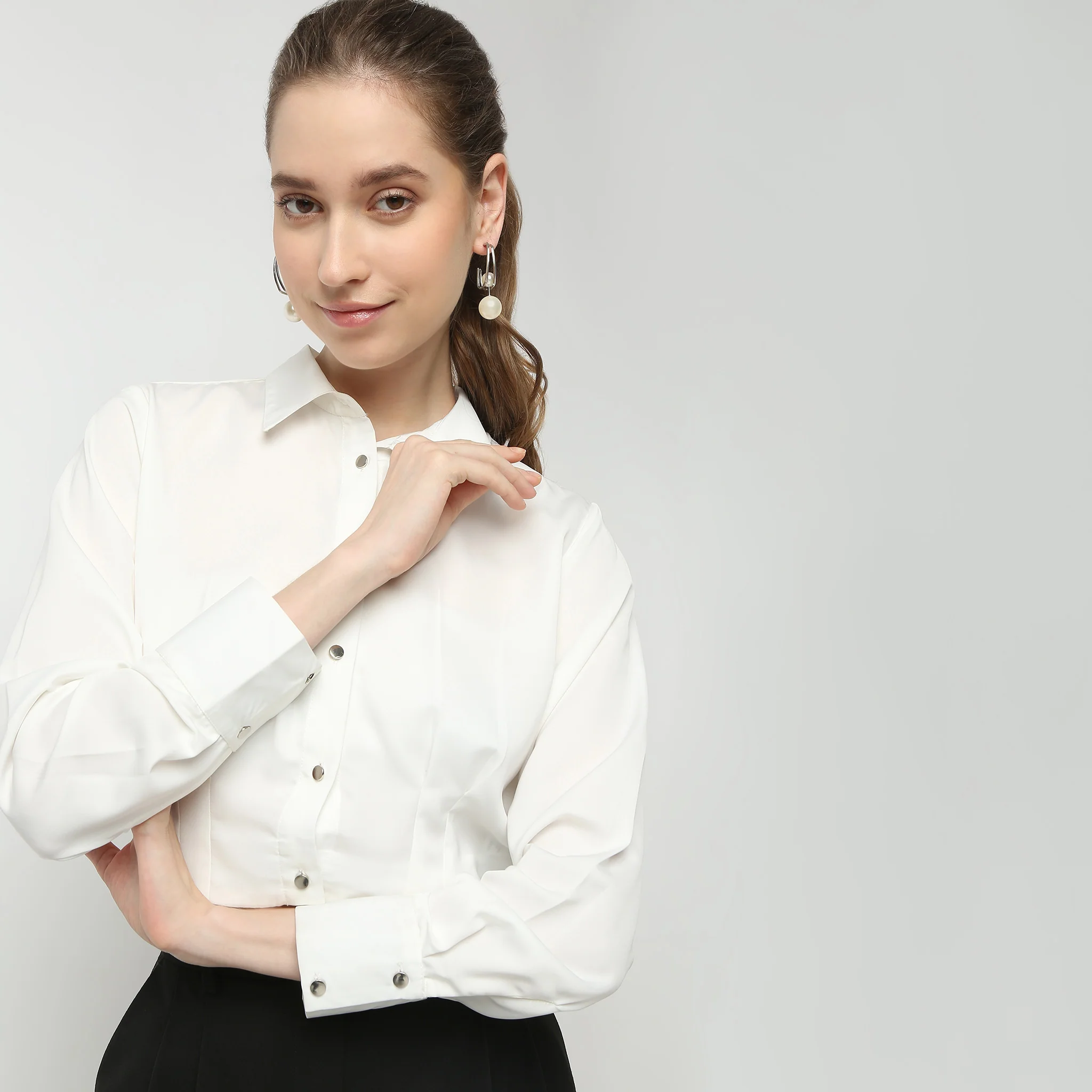Solid Full Sleeve Party Wear Satin Milano Crop Shirt - Image 12