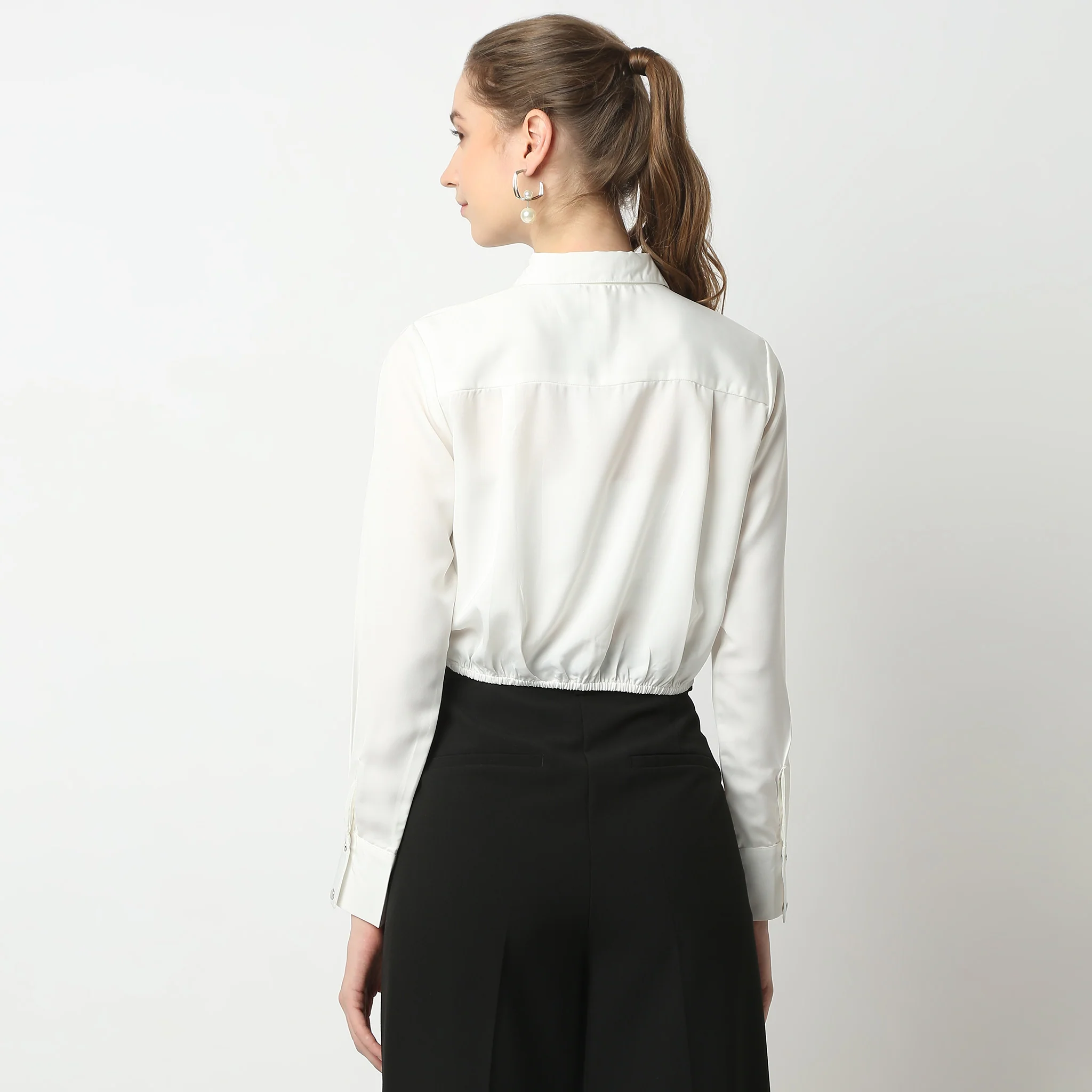 Solid Full Sleeve Party Wear Satin Milano Crop Shirt - Image 13