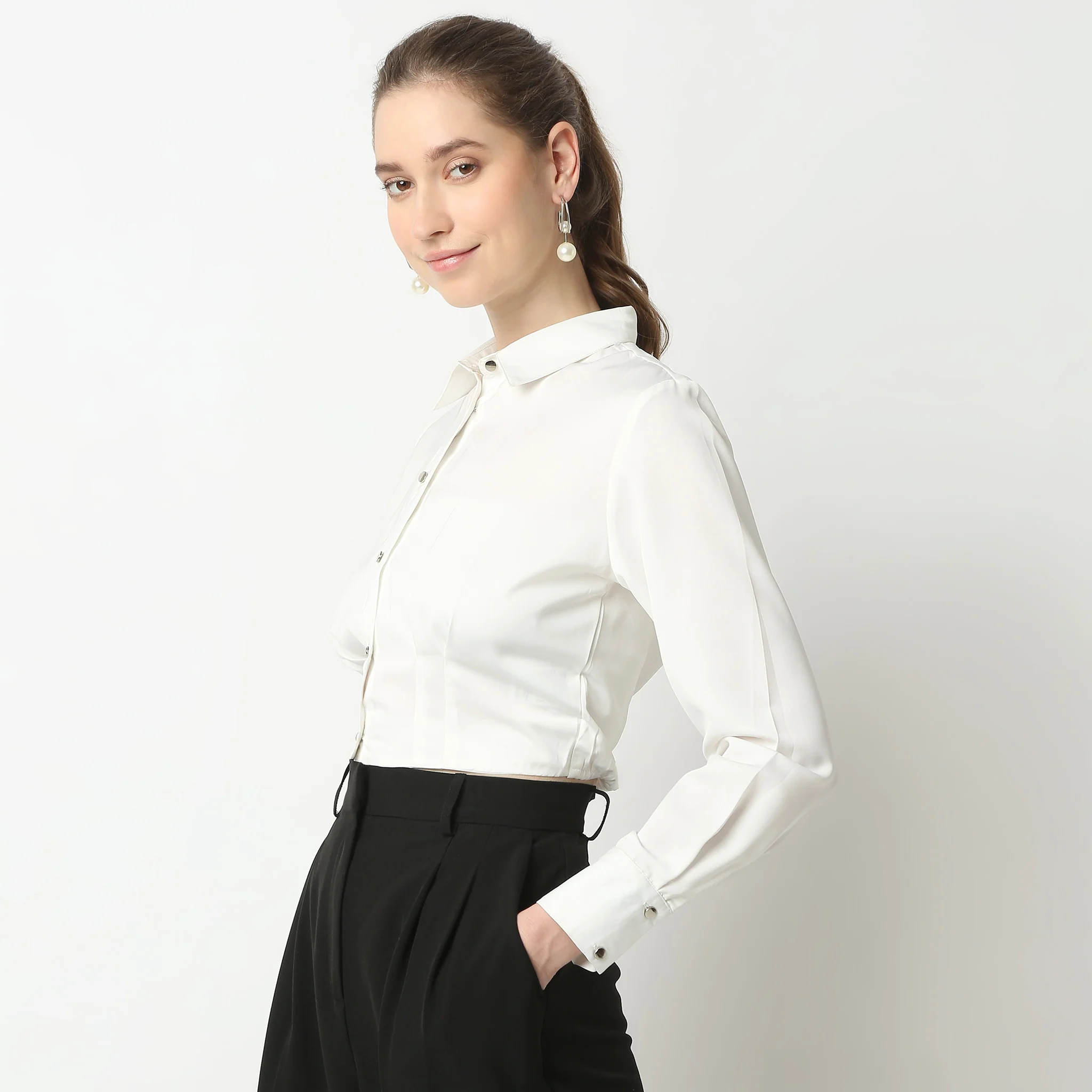 Solid Full Sleeve Party Wear Satin Milano Crop Shirt - Image 14