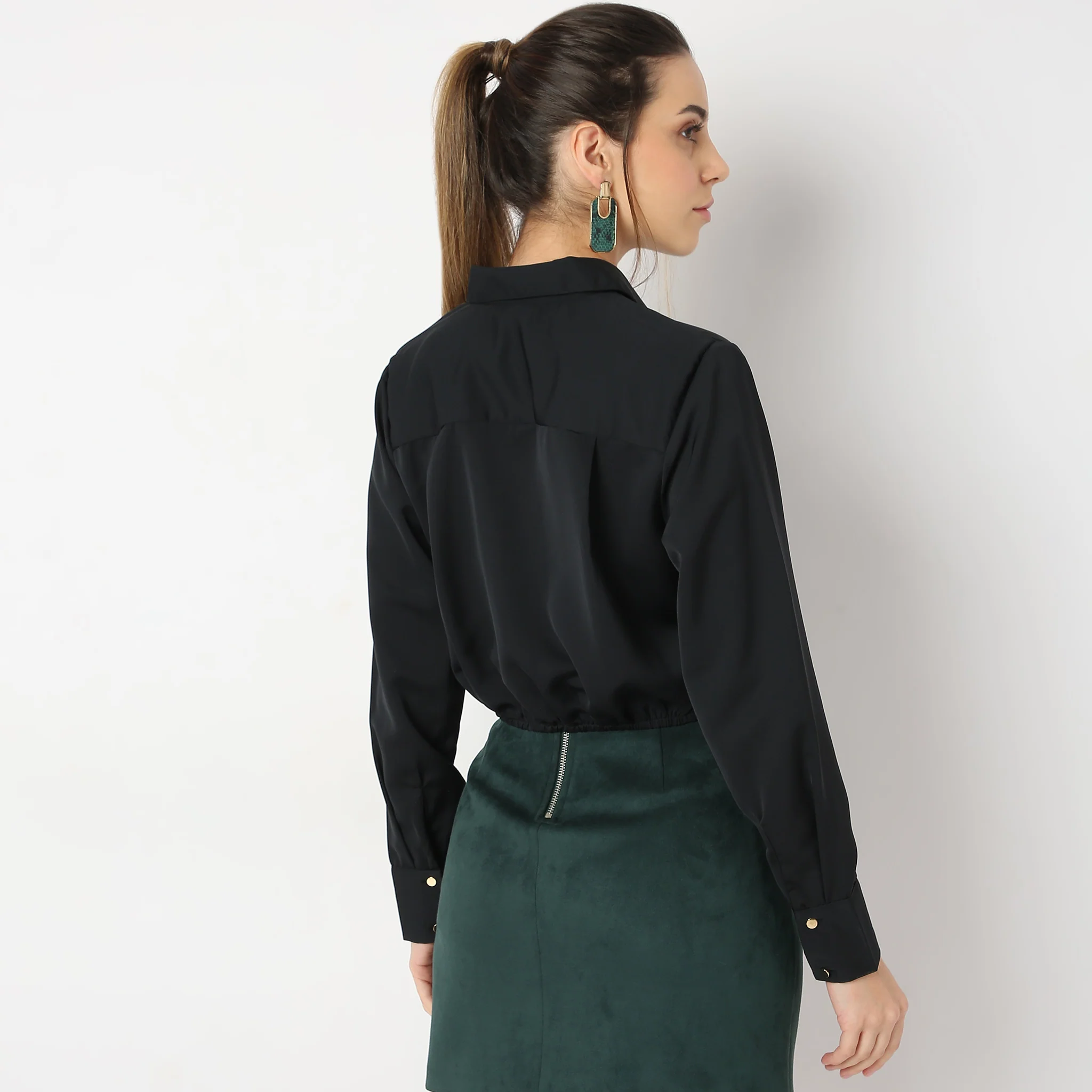 Solid Full Sleeve Party Wear Satin Milano Crop Shirt - Image 3