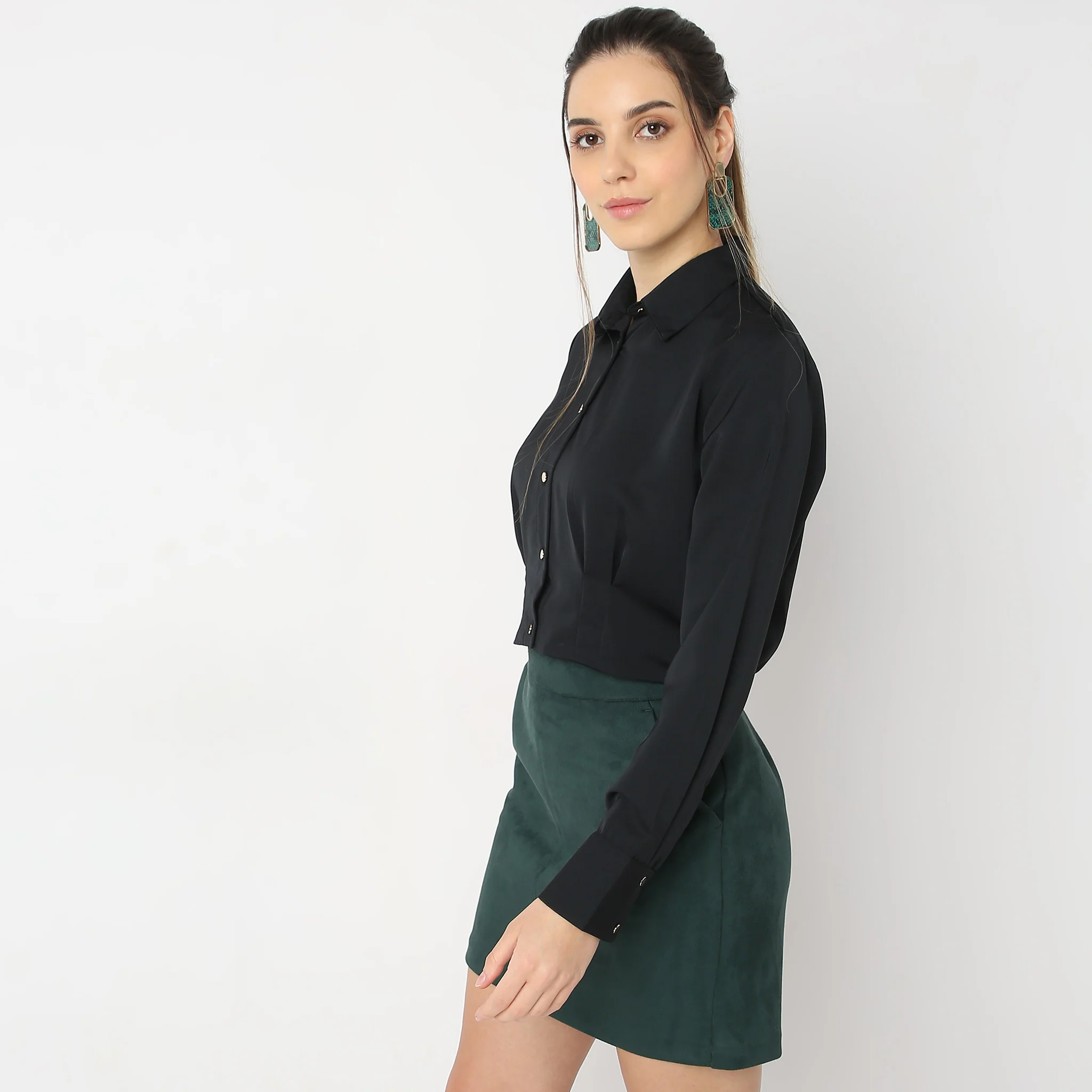 Solid Full Sleeve Party Wear Satin Milano Crop Shirt - Image 4
