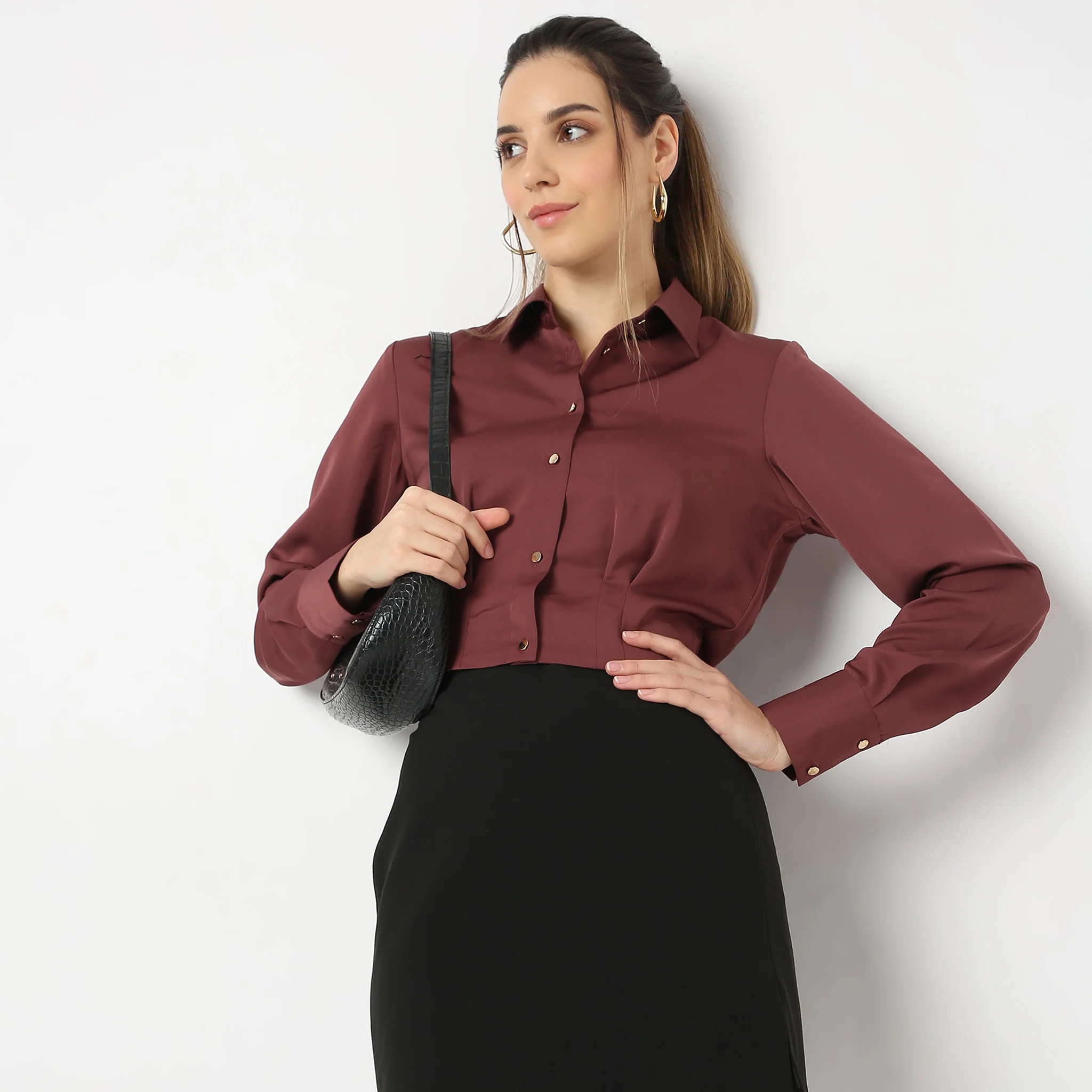 Solid Full Sleeve Party Wear Satin Milano Crop Shirt - Image 7