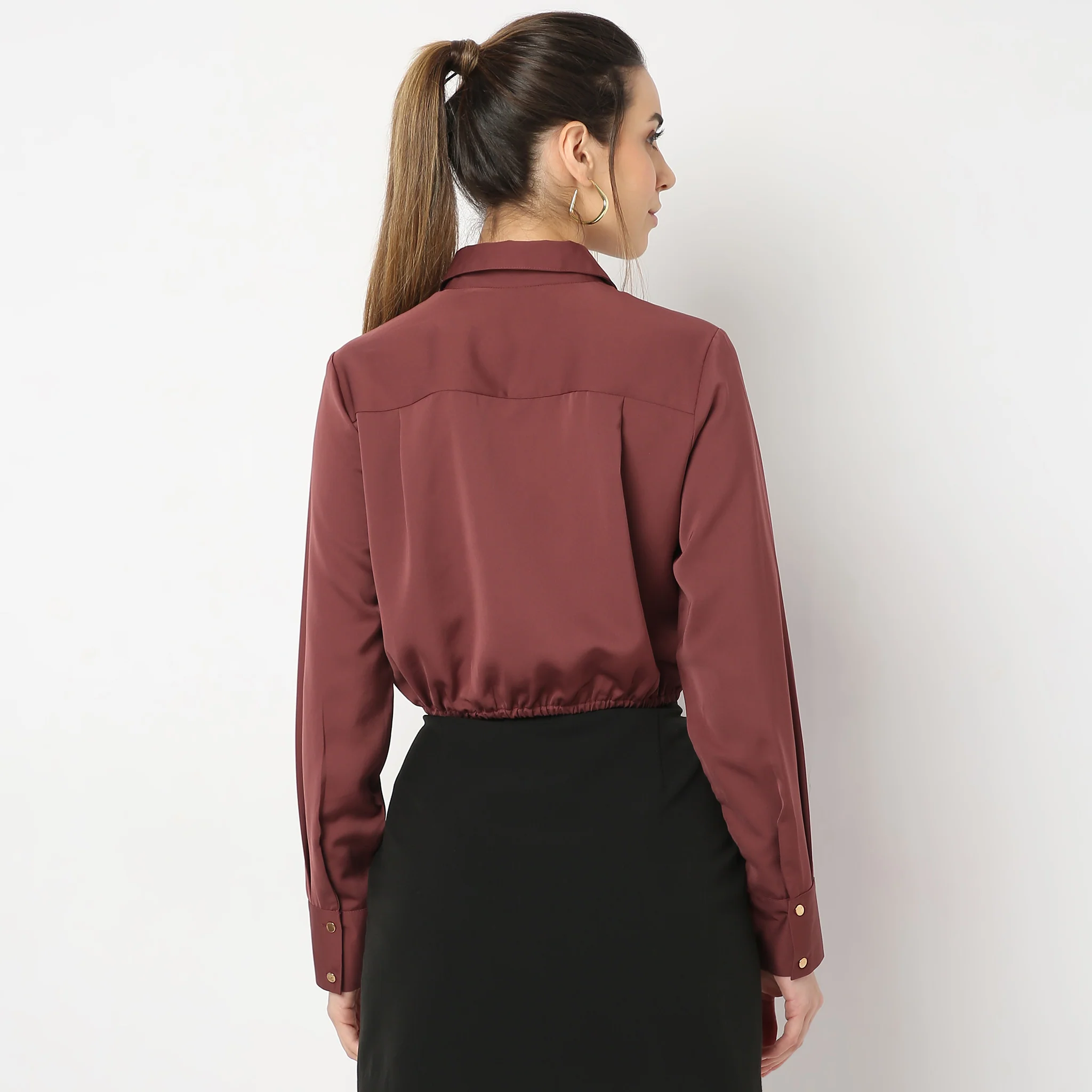 Solid Full Sleeve Party Wear Satin Milano Crop Shirt - Image 8