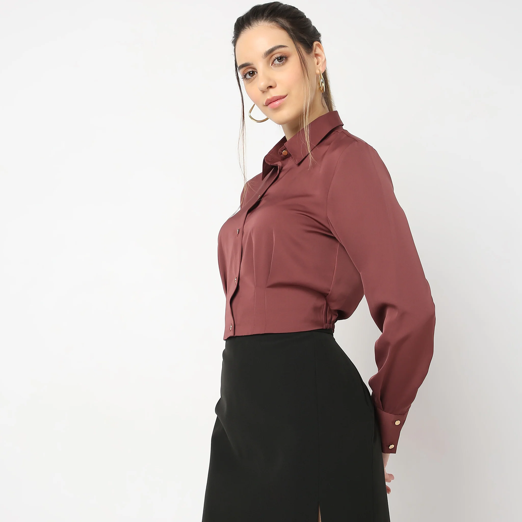 Solid Full Sleeve Party Wear Satin Milano Crop Shirt - Image 9