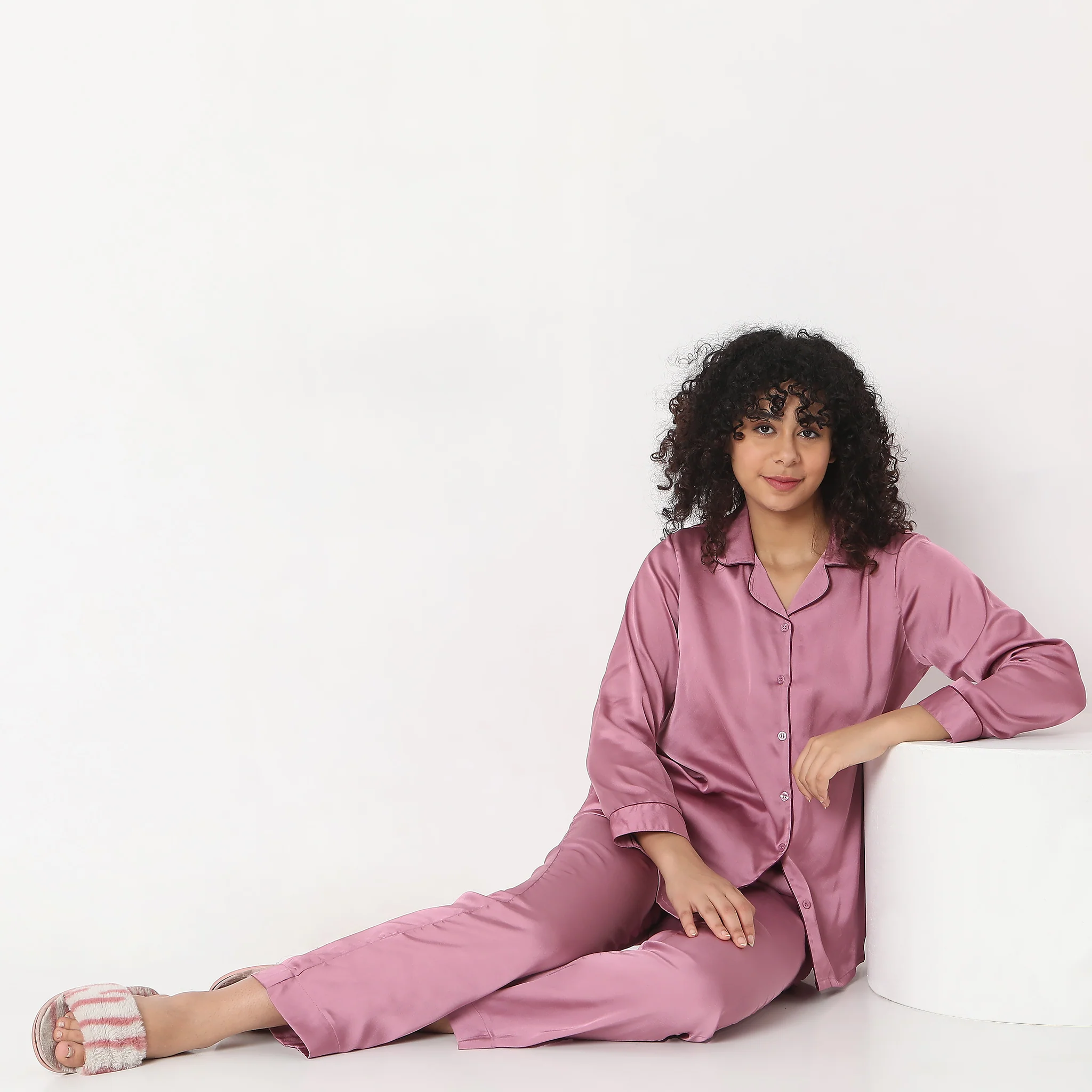 Woven Solid T-Shirt With Pyjama Sleepwear Set