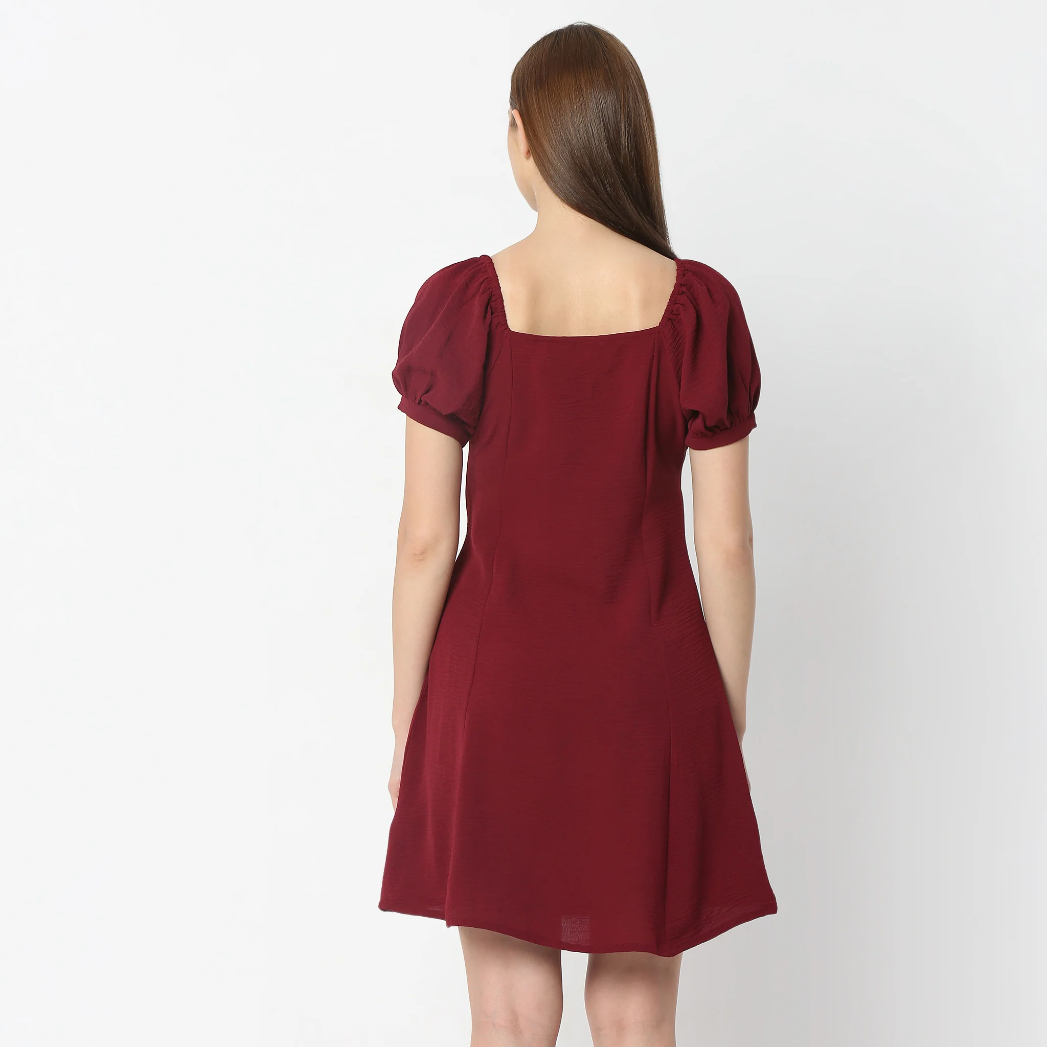 Above Knee Square Neck Short Sleeve Dress With Front Ruching And Tie-Up Detail - Image 3