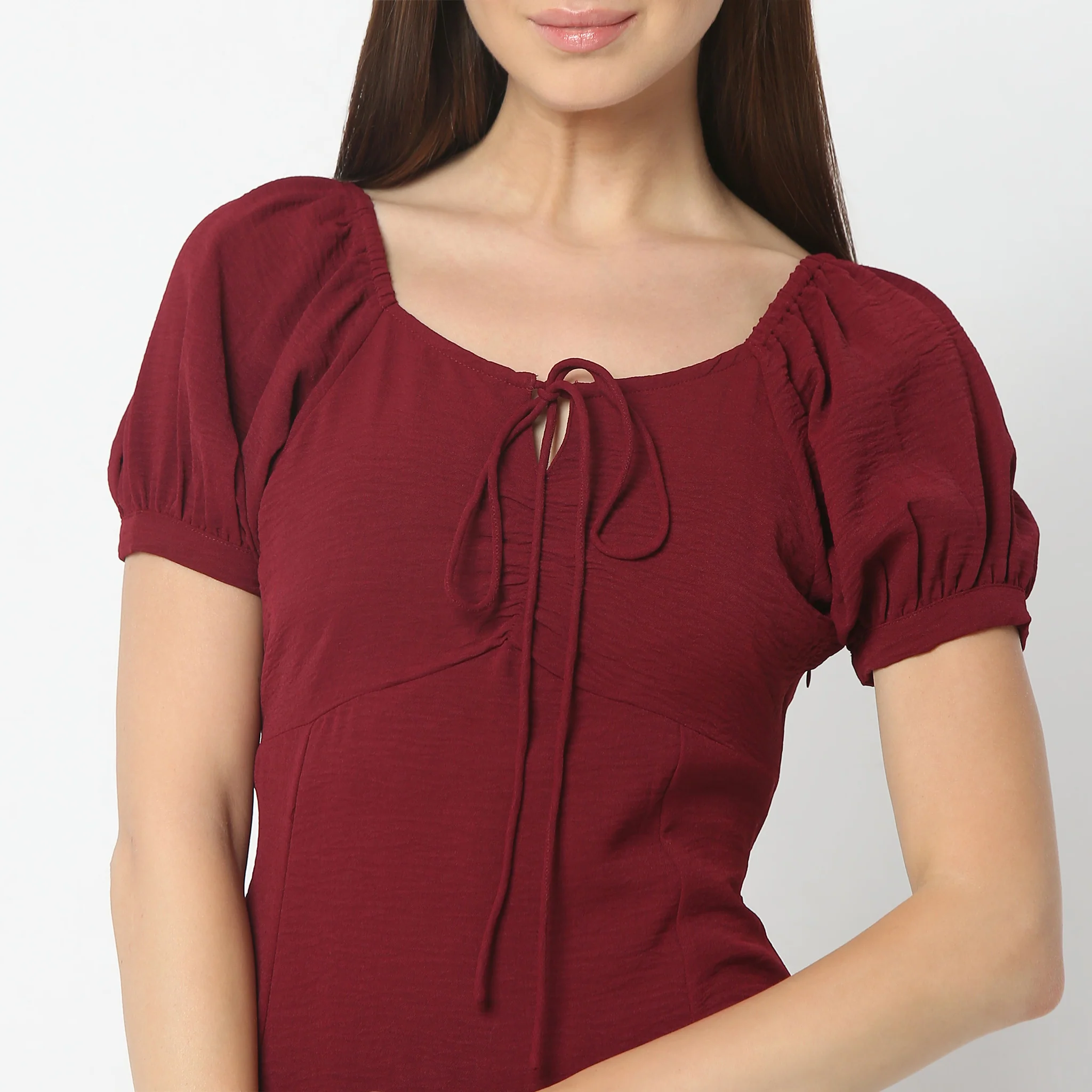 Above Knee Square Neck Short Sleeve Dress With Front Ruching And Tie-Up Detail - Image 4